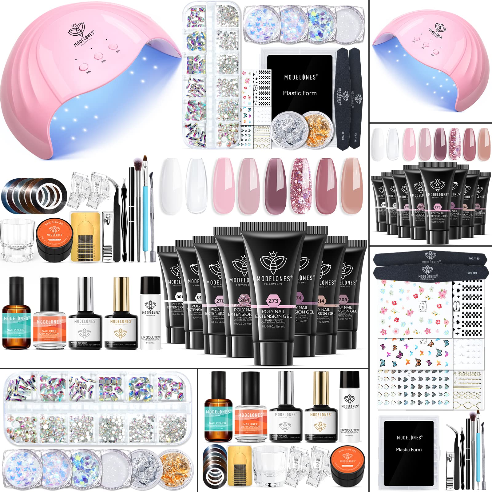 Kit Modelones poly nail gel avec 8 couleurs rosées pour ongles durables.