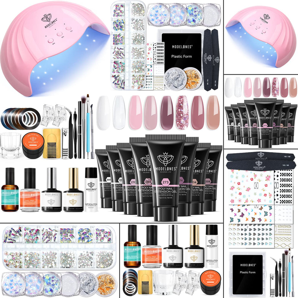 Kit Modelones poly nail gel avec 8 couleurs rosées pour ongles durables.