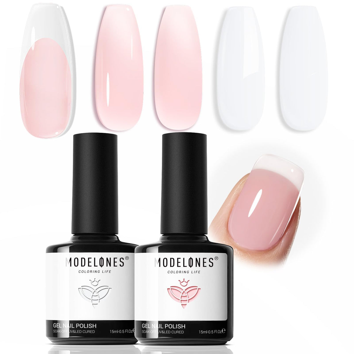 Modelones kit vernis gel style français blanc, pour une manucure élégante à domicile.