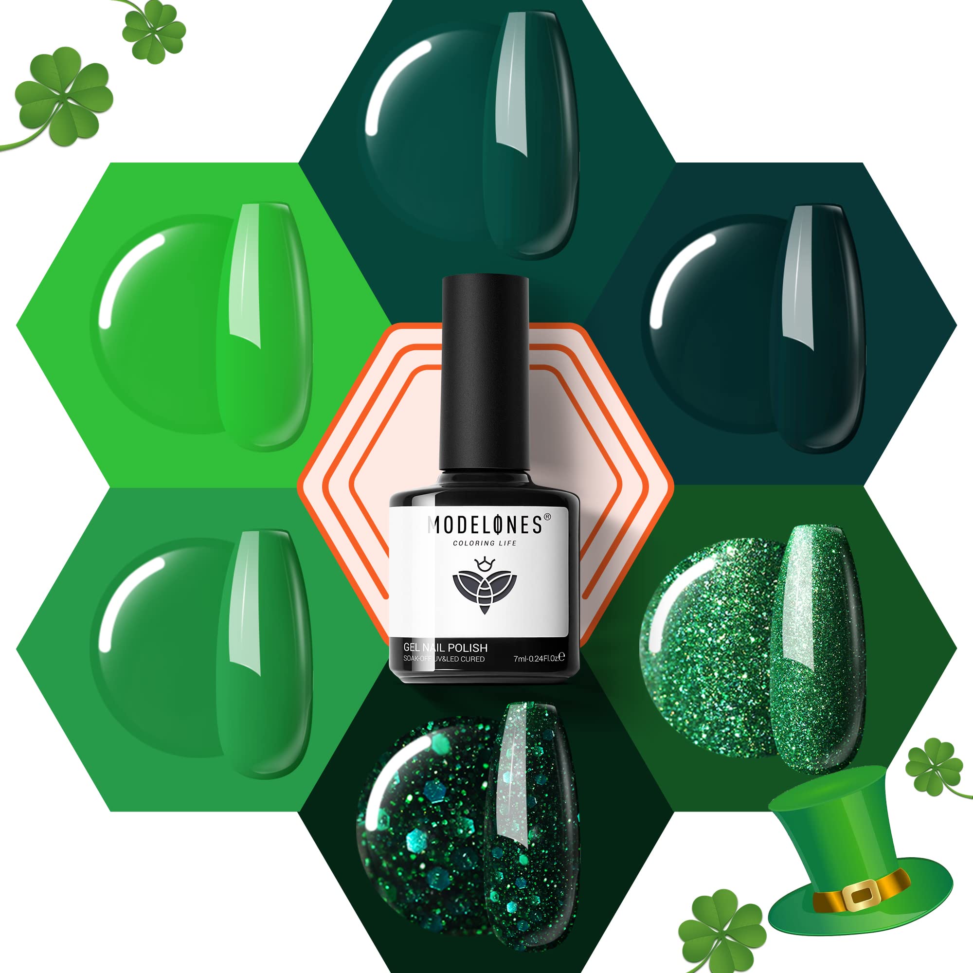 Modelones kit vernis gel vert forêt, six couleurs pour ongles éclatants.