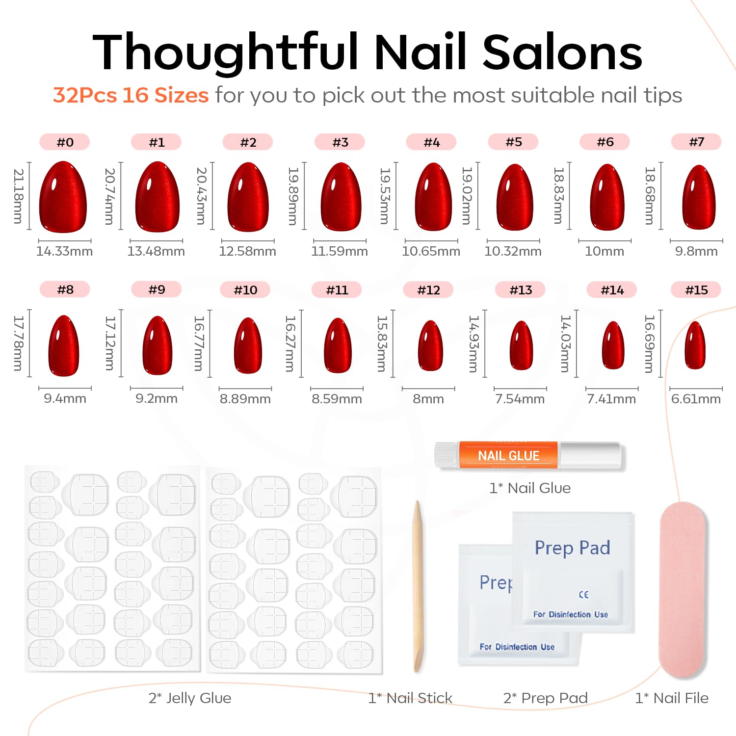 Ongles prêts à poser avec lime à ongles mini et bâtonnet cuticule inclus.