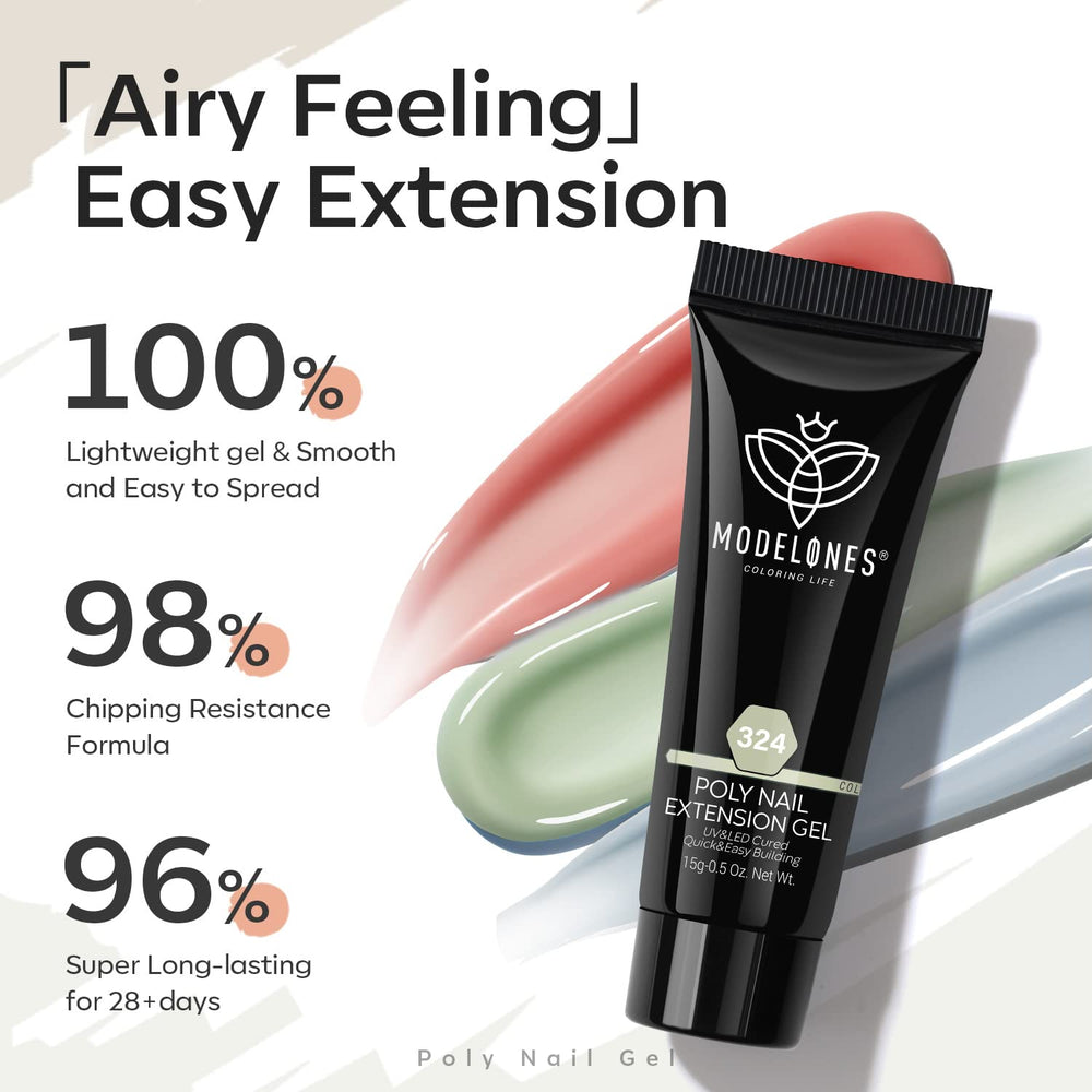 Modelones long-lasting poly gel for durable extensions and weeks of wear.