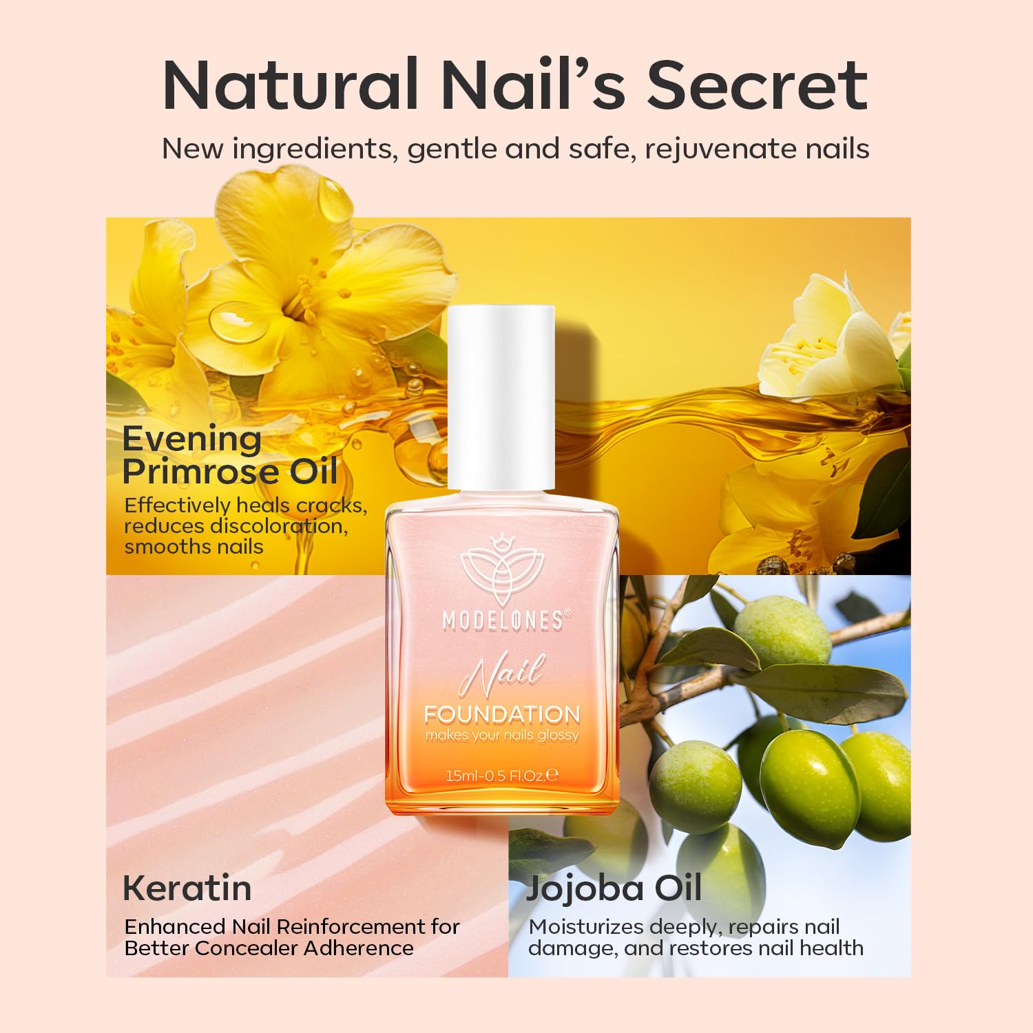 Modelones nourrit et renforce les ongles grâce à kératine et huile de jojoba.