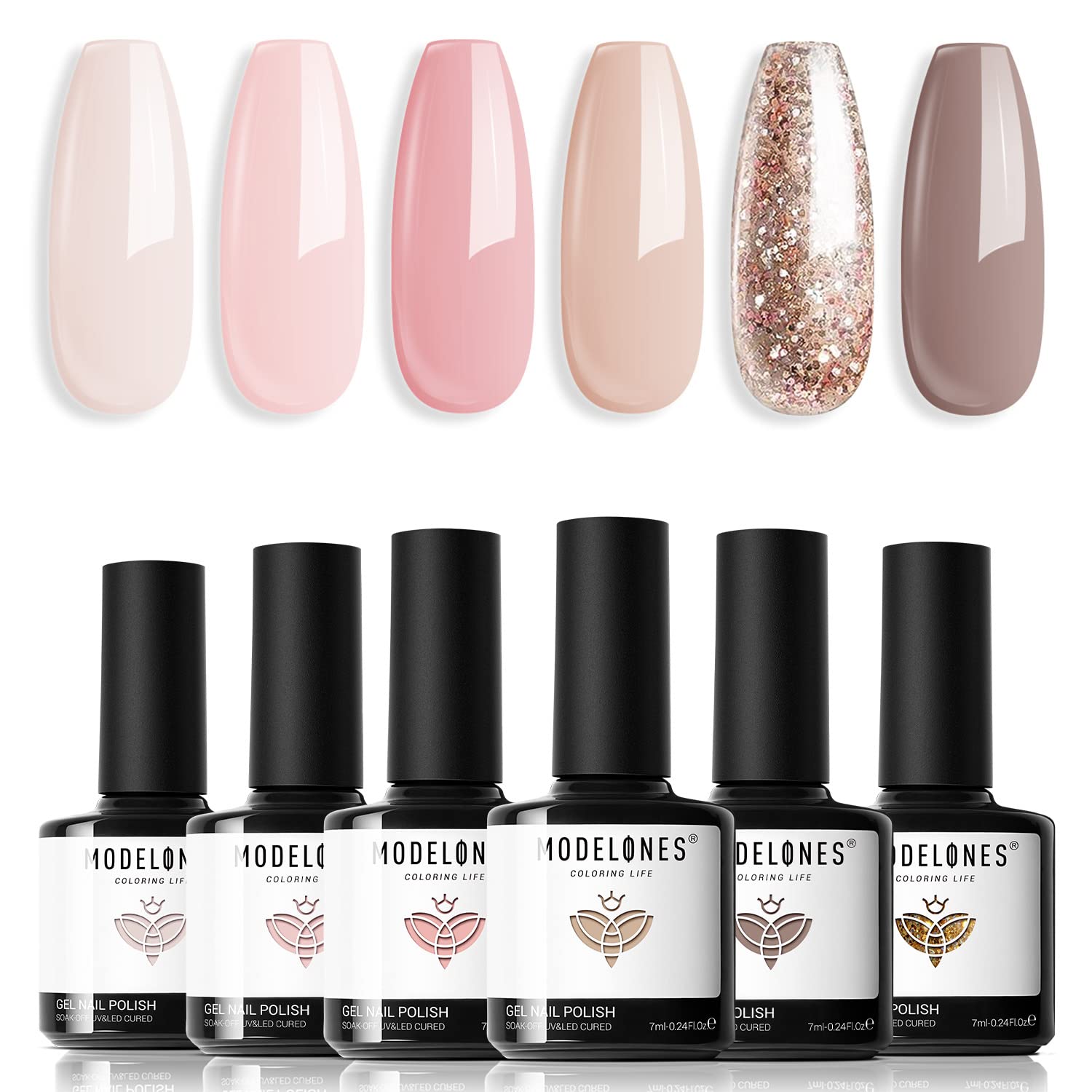 Modelones Nude Gel: ensemble 6 couleurs, rendu uniforme et longue tenue.