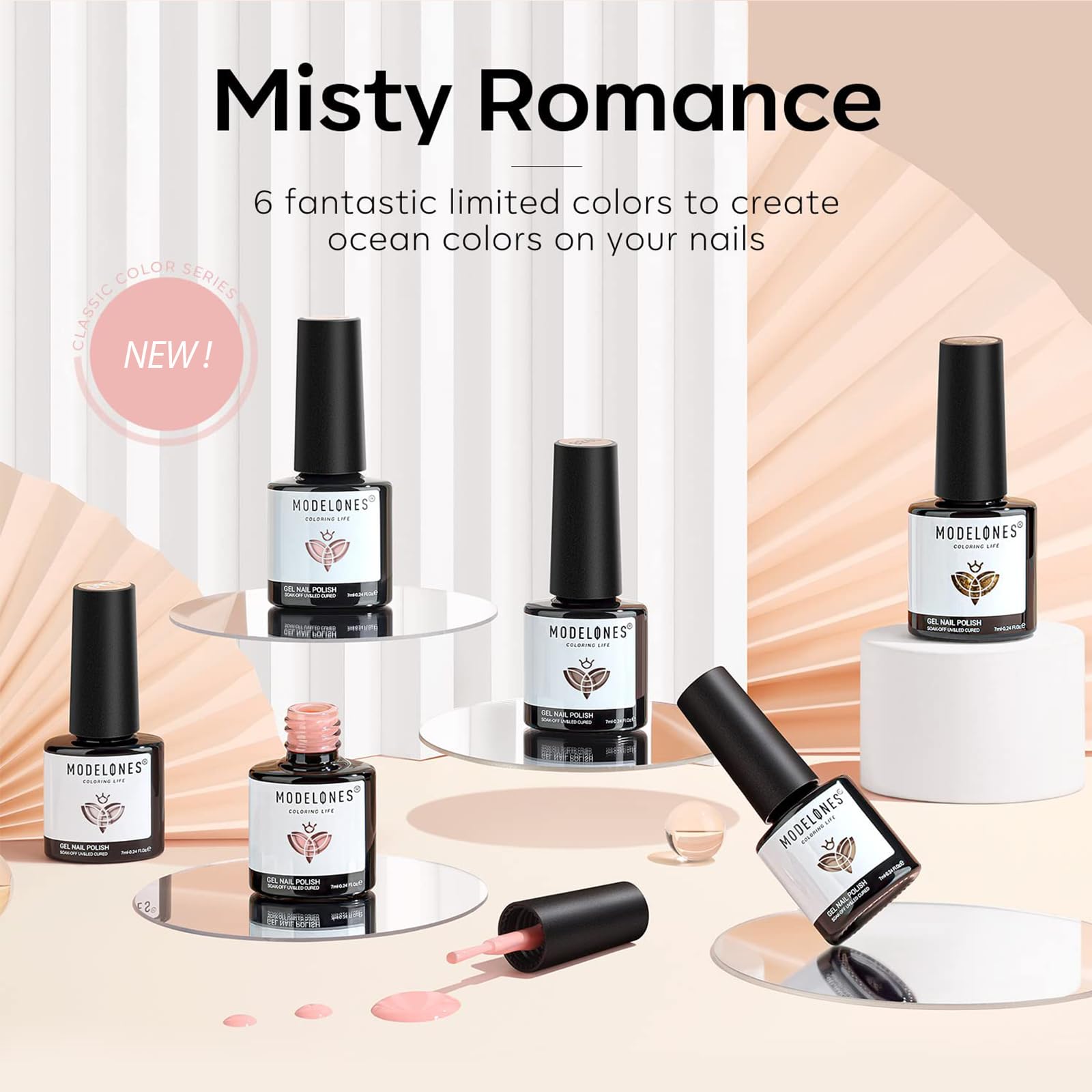 Modelones Nude Gel, paillettes champagne: éclat subtil pour les fêtes.