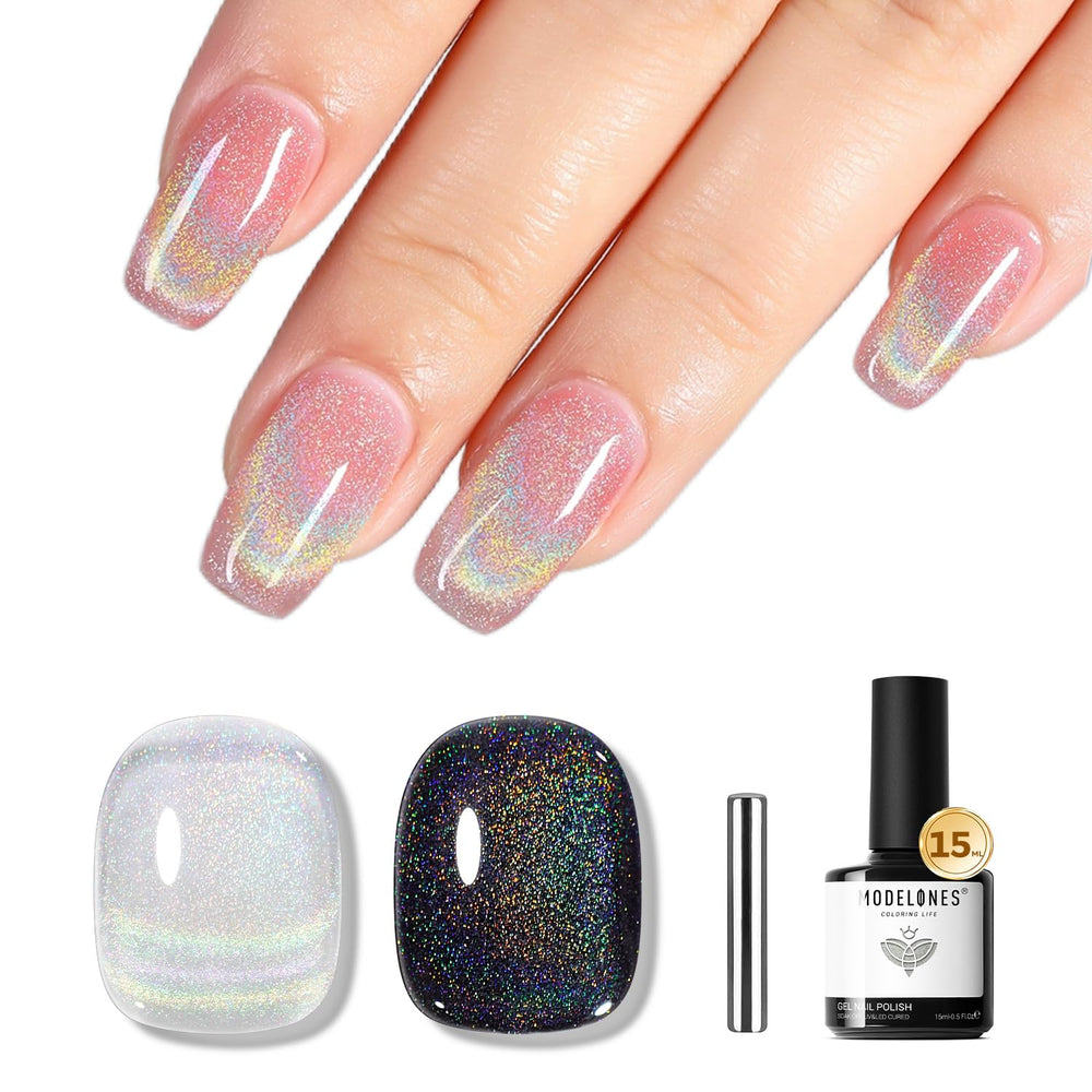 Modelones œil-de-chat gel rainbow bouteille, éclat irisé pour une manucure durable.