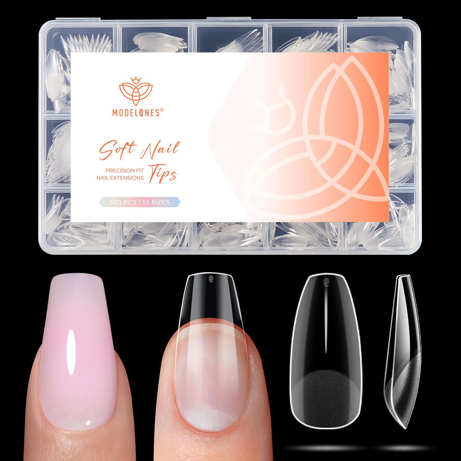 Modelones ongles coffin demi-mat 360pcs, facilité d’application et tenue durable.