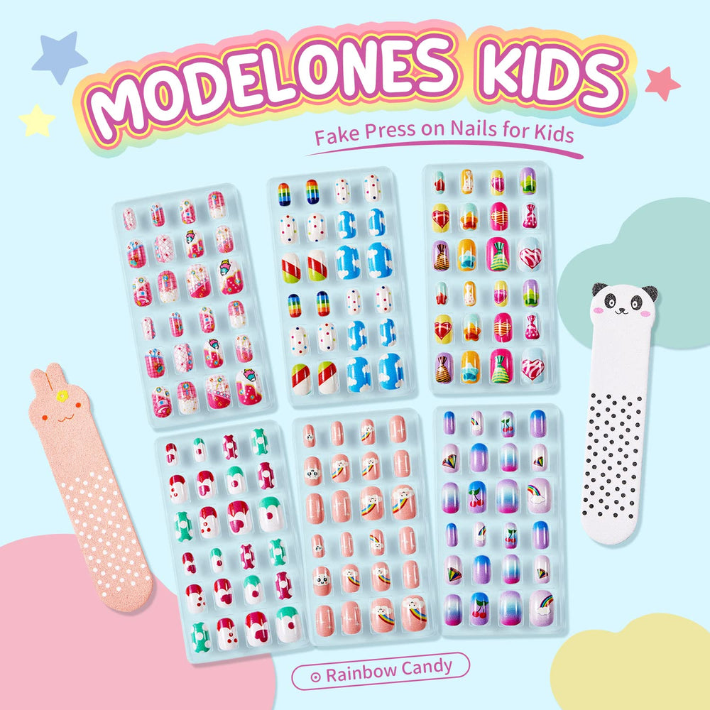 Modelones ongles pour enfants, motifs colorés et styles variés pour chaque tenue.