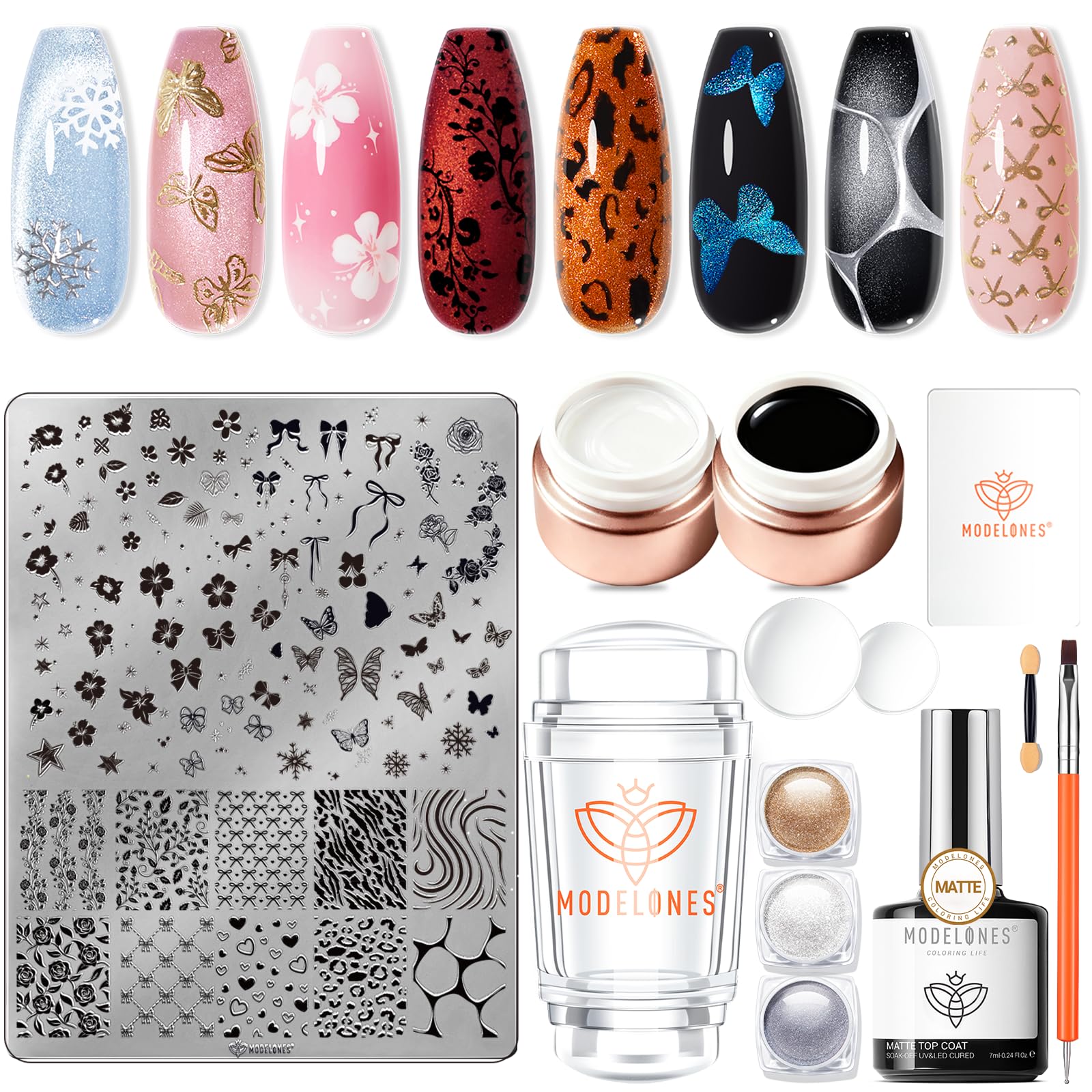 Modelones plaque d'impression pour ongles avec designs multiples.