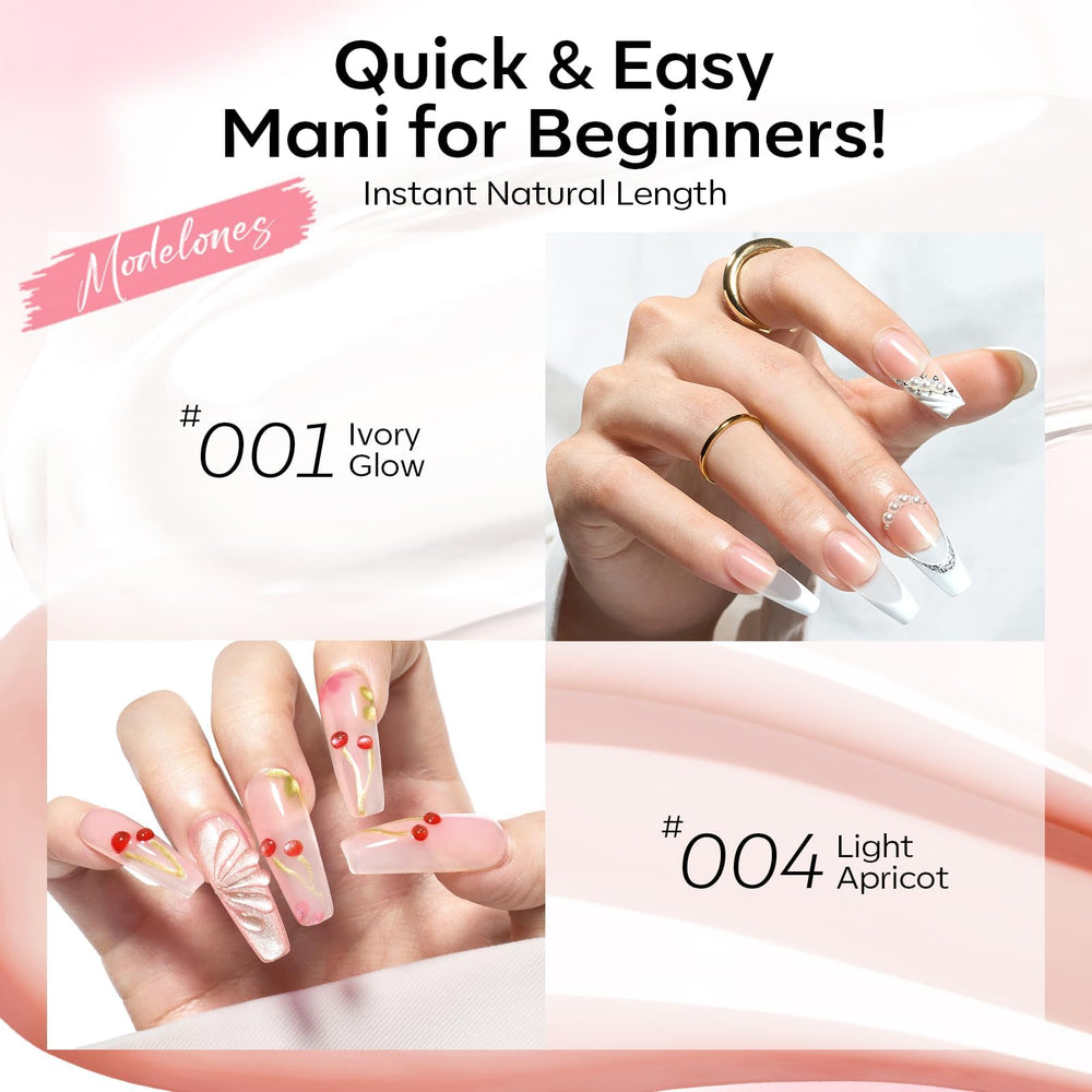 Modelones poly gel color set includes clear, white, apricot shades.