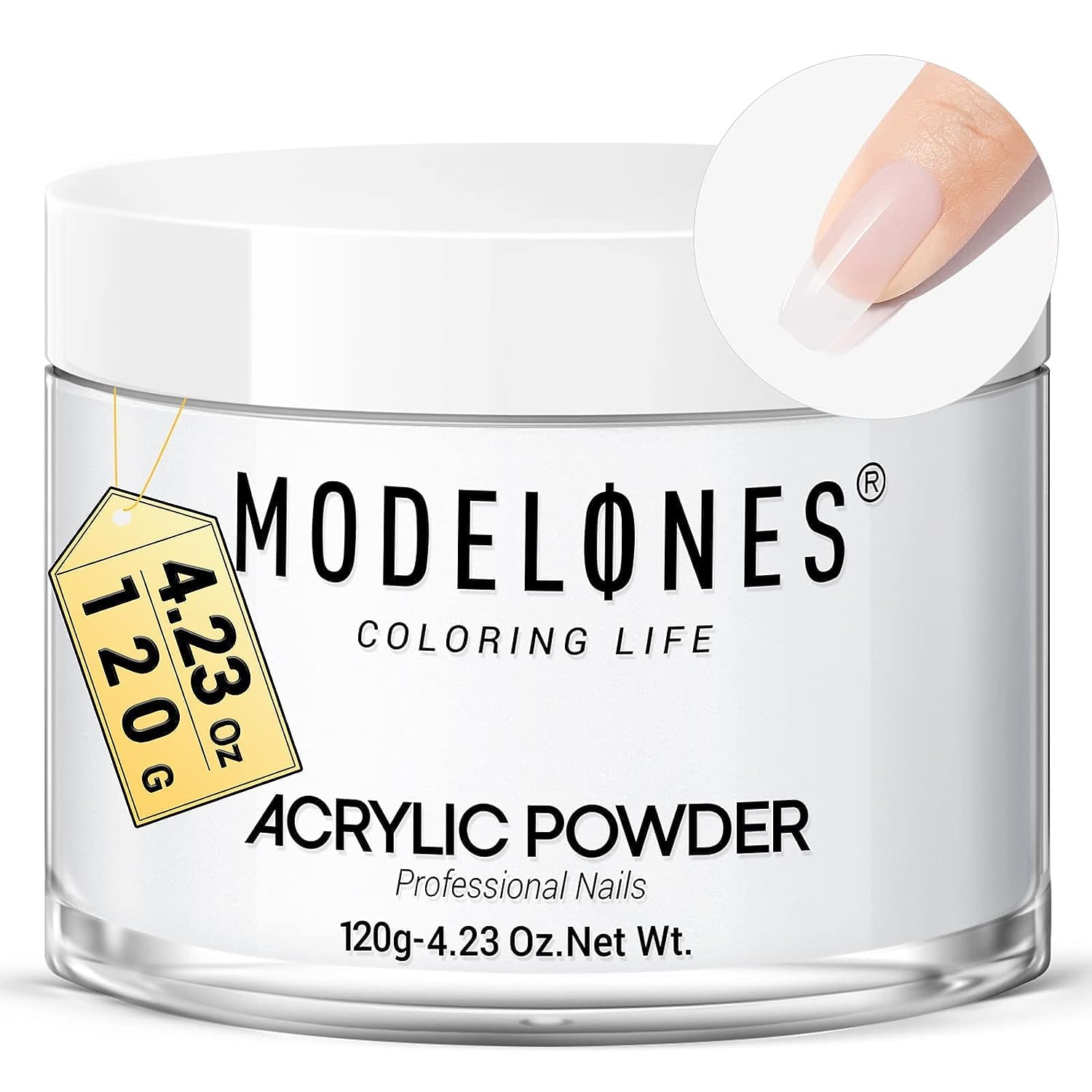 Modelones poudre acrylique transparente avec grande capacite pour diverses poses d'ongles.