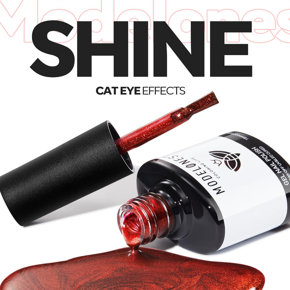 Modelones rouge gel, oeil-chat, art d’ongles éclatant et durable.