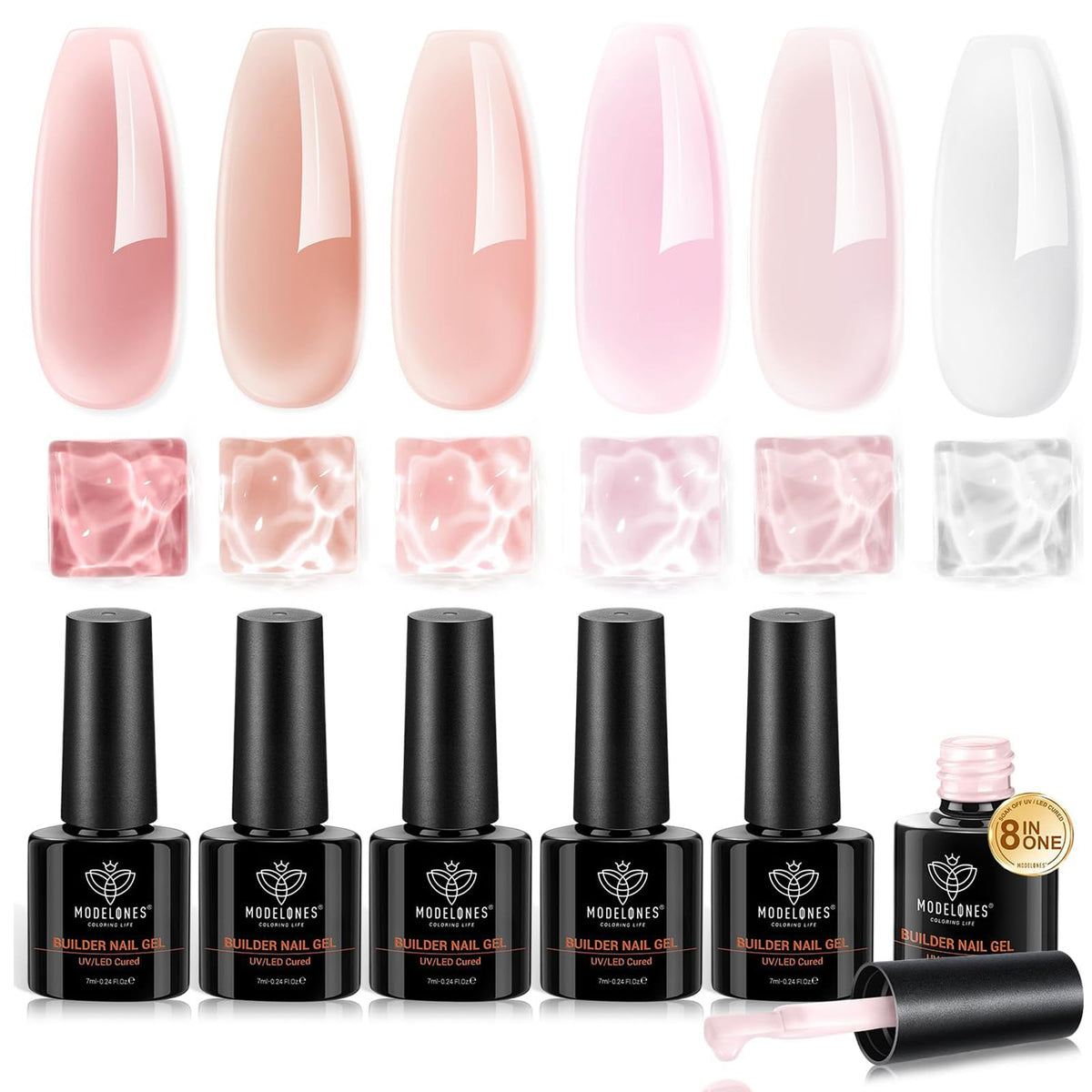 Modelones set gel builder rose nude, six pots pour une manucure nude durable à domicile.