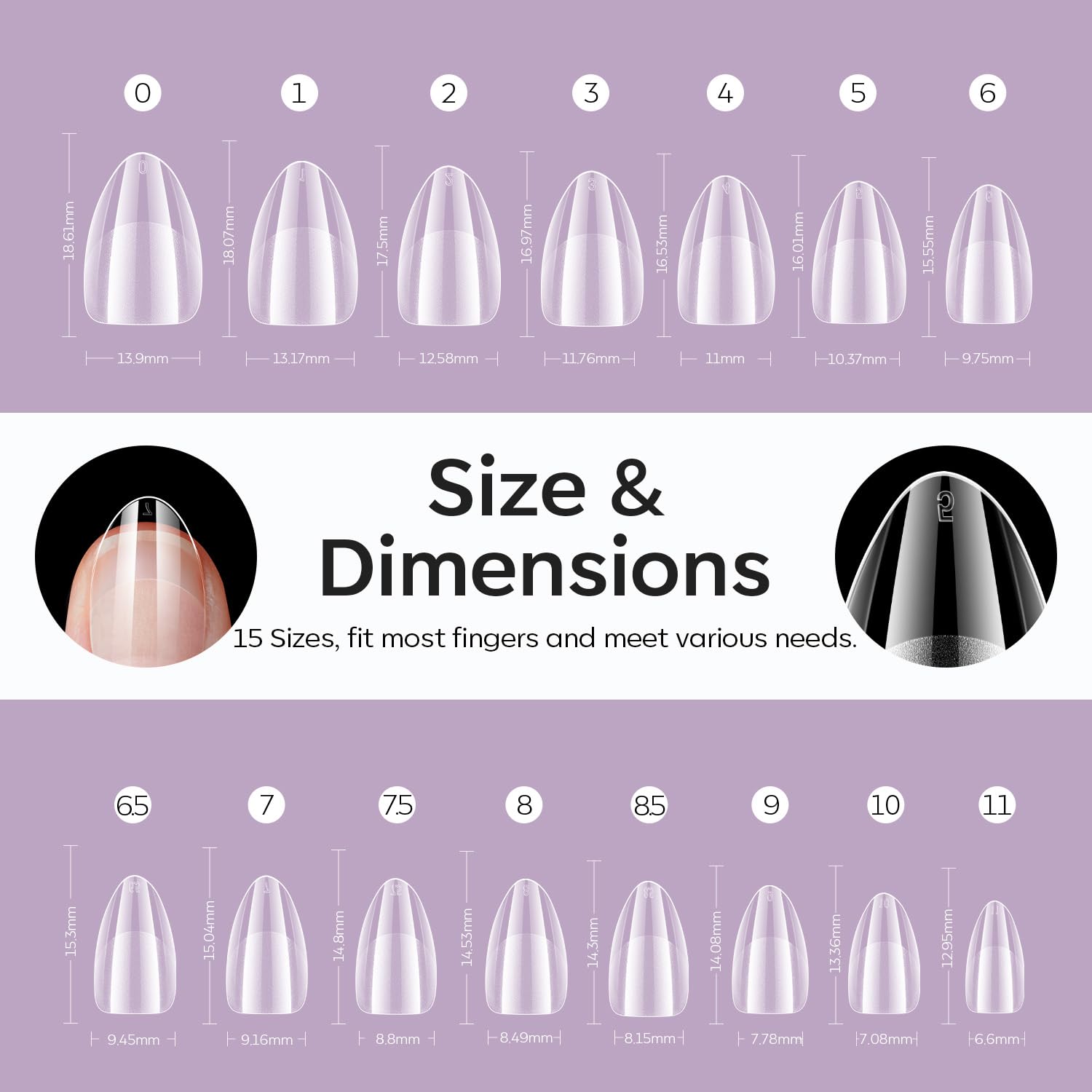 Modelones 15 tailles: 34 ongles par taille pour un ajustement précis.
