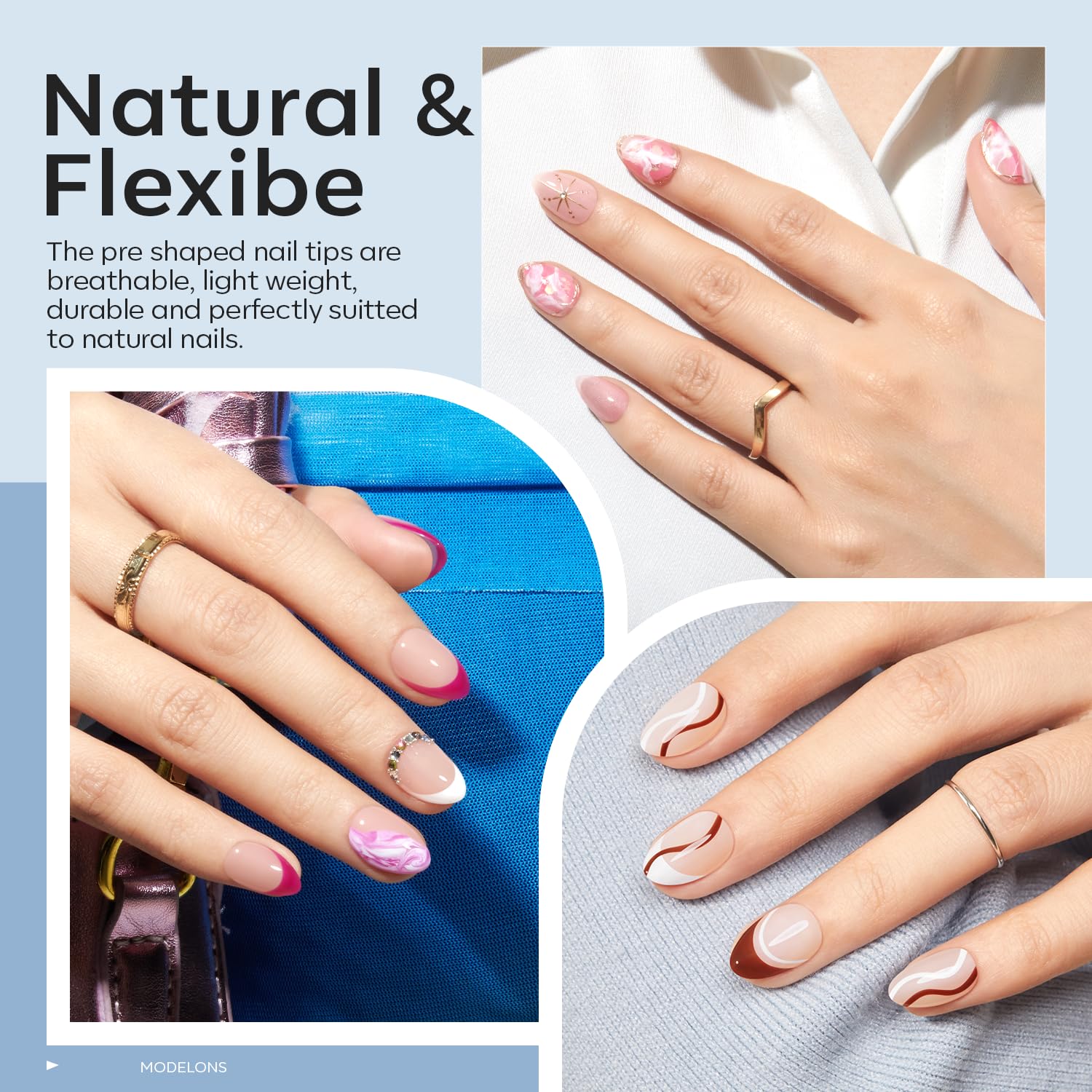 Modelones tips ongles amande extra-courts 216 pieces offrent formes confortables et adhérentes.