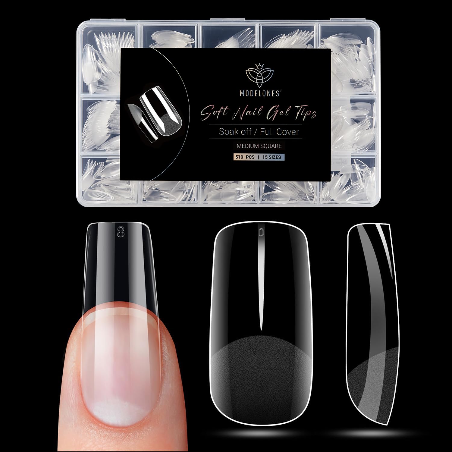 Modelones tips d’ongles carré moyen avec 15 tailles pour un ajustement précis.