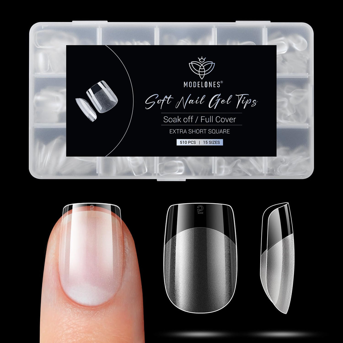 Modelones tips ongles carrés demi-matte, 510 pièces, pose rapide et facile.