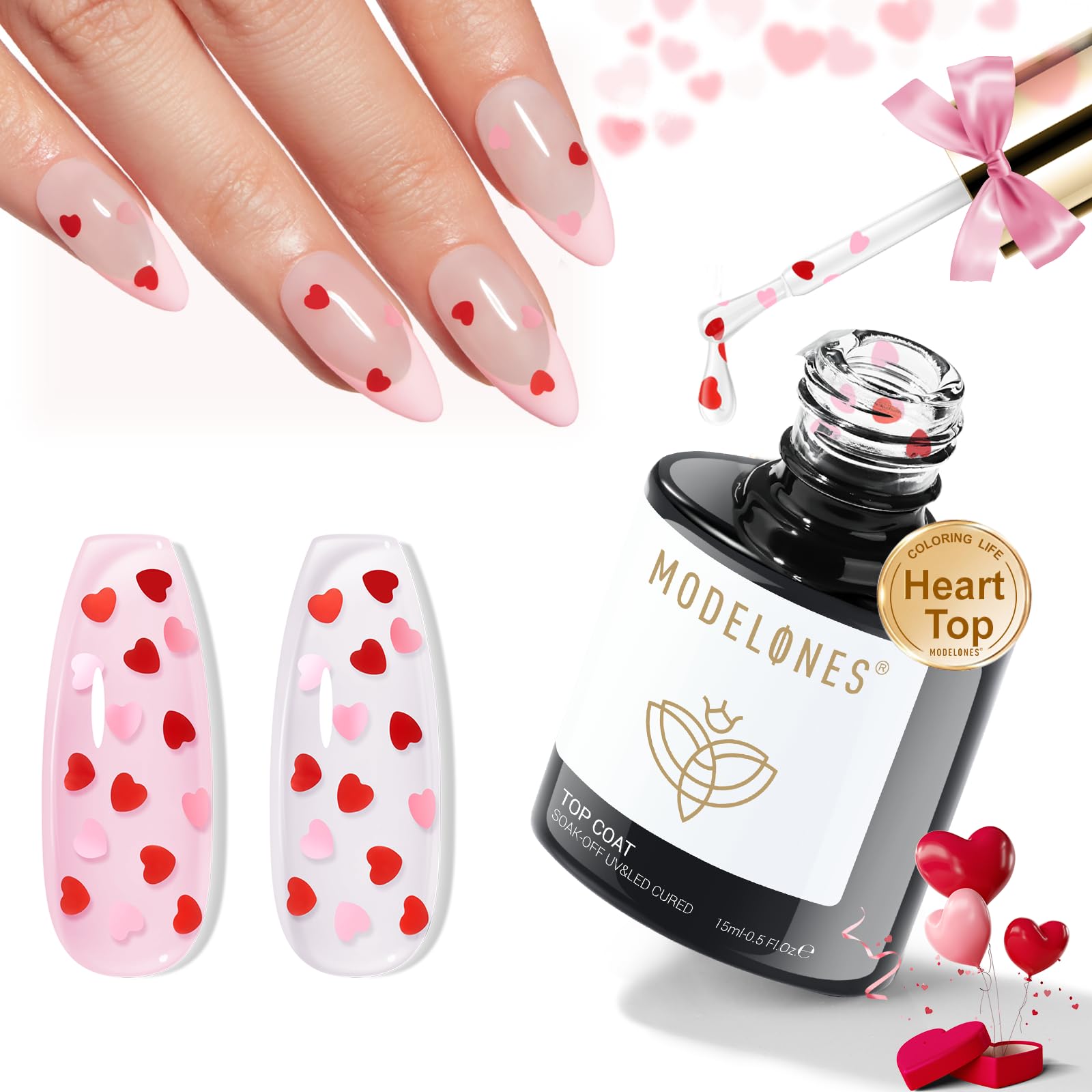 Modelones Top Coat Gel, coeurs rouges et roses, fini brillant durable.