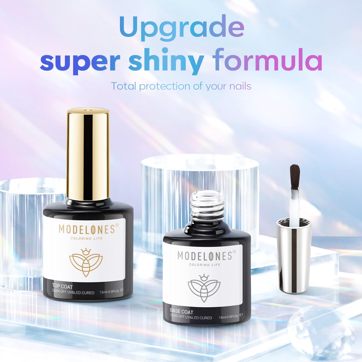 Flacon modèleones top gel 15ml, finition brillante longue tenue.