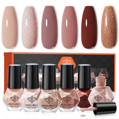 Modelones vernis à ongles six couleurs nude brun et glitter, rendu lumineux durable.