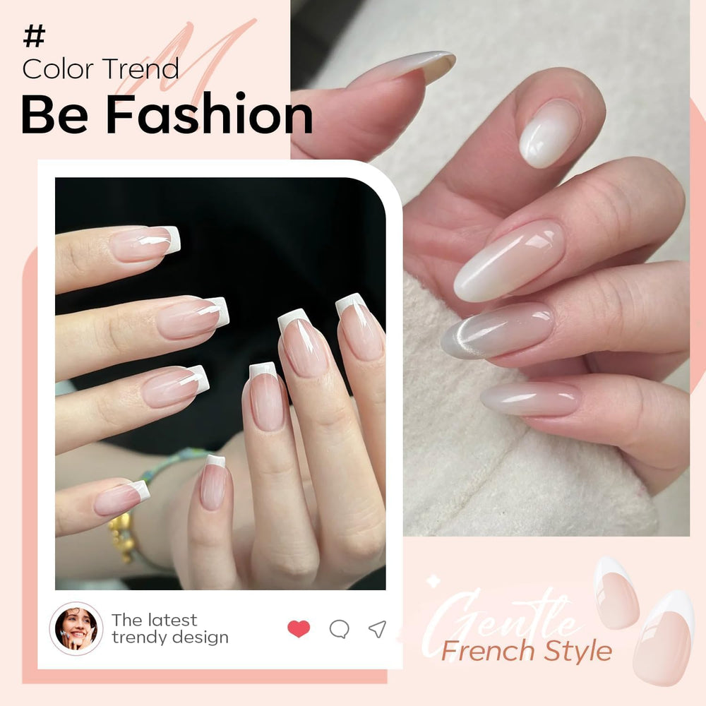 Modelones vernis gel blanc lait translucide pour un effet clair et raffiné.