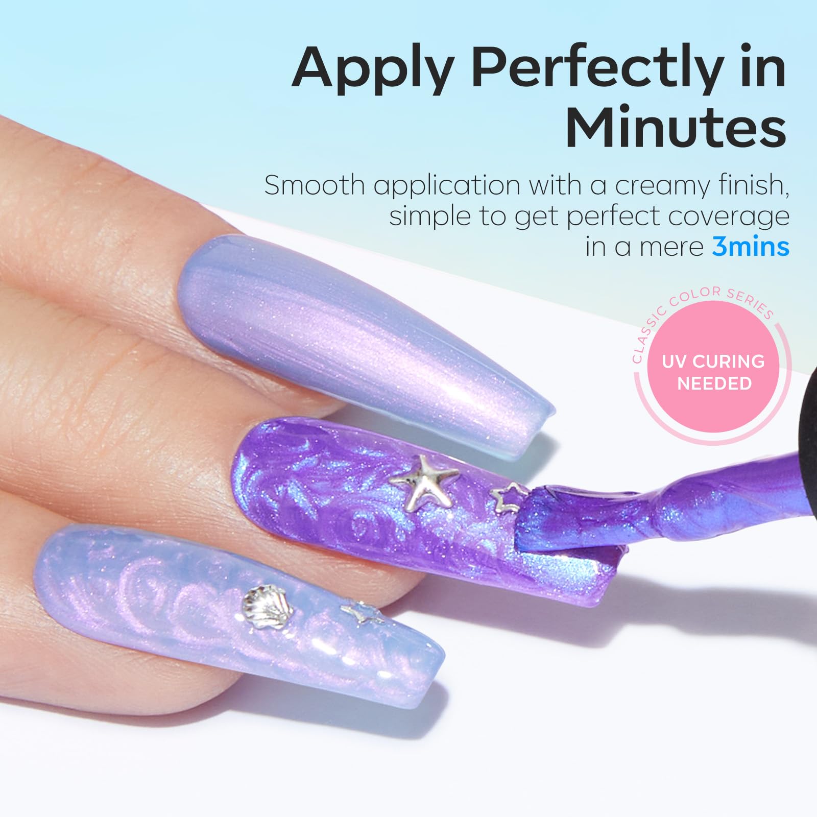 Modelones vernis gel bleu brillant avec reflets lumineux.