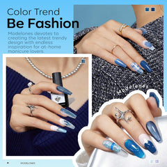 Modelones vernis gel bleu foncé, fini brillant et longue tenue.