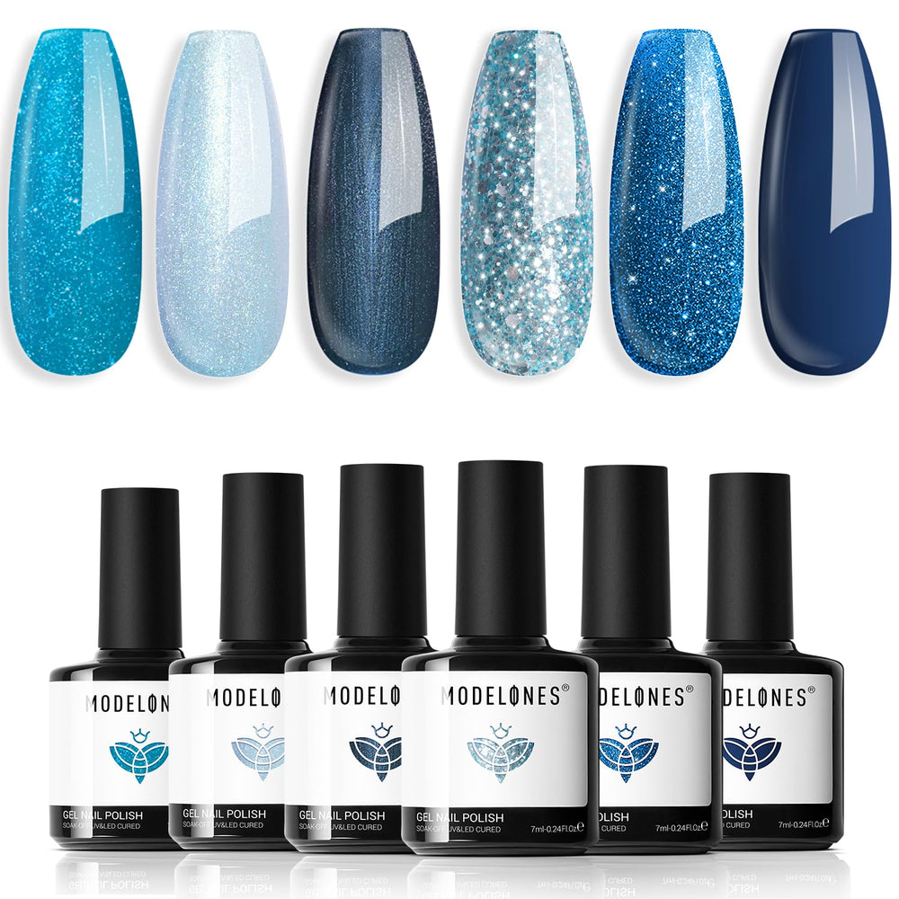 Modelones vernis gel bleu scintillant avec effet galaxie et œil-de-chat pour ongles éclatants.