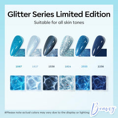Modelones vernis gel bleu glitter galaxie avec aimant pour designs cat-eye variés.
