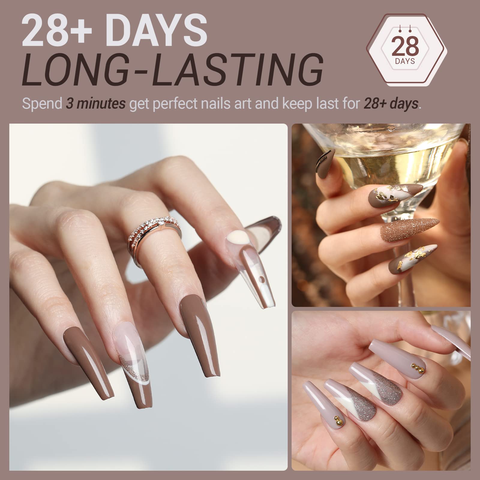 Modelones vernis gel brun paillettes scintillantes, effet chic.