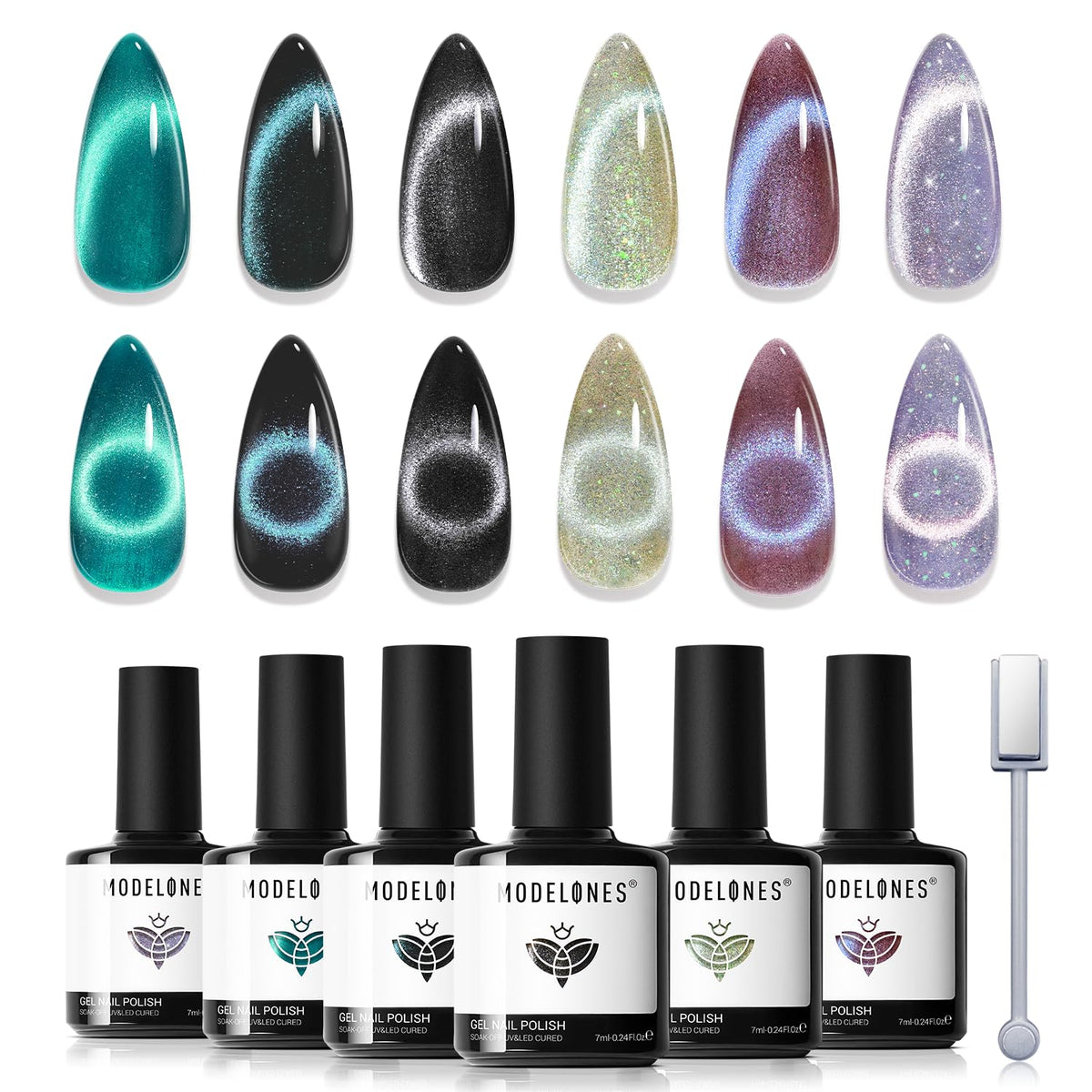 Modelones vernis gel Cat Eye bleu glacial avec effet holographique et lustre durable