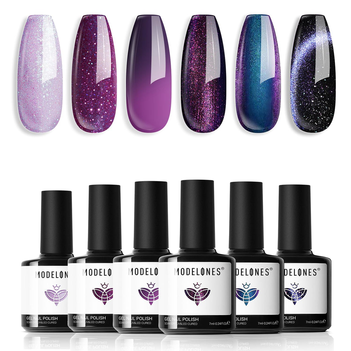 Modelones Gel Cat Eye rouge-violet, effet scintillant pour une manucure élégante.