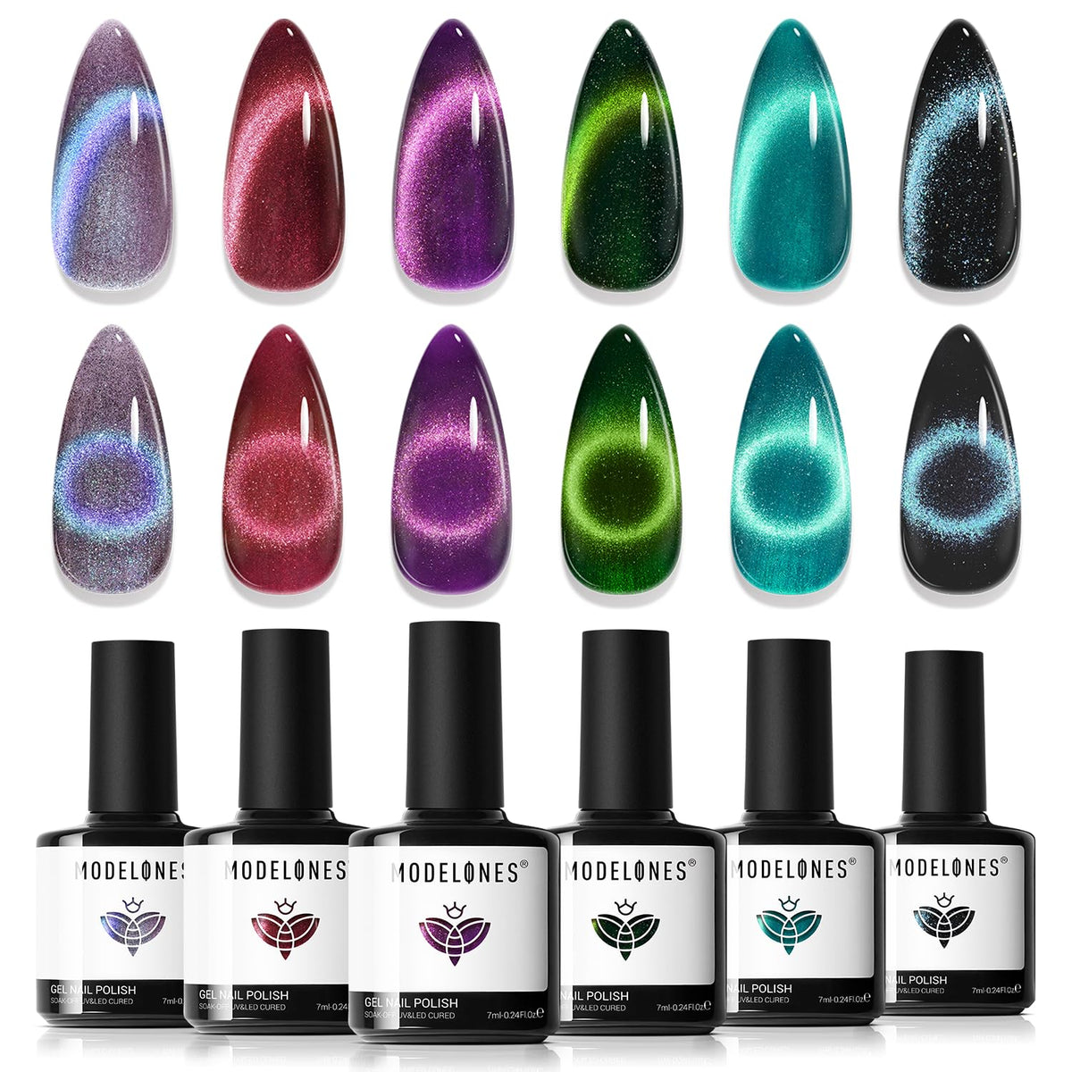 Modelones vernis gel effet œil de chat – 6 teintes scintillantes.
