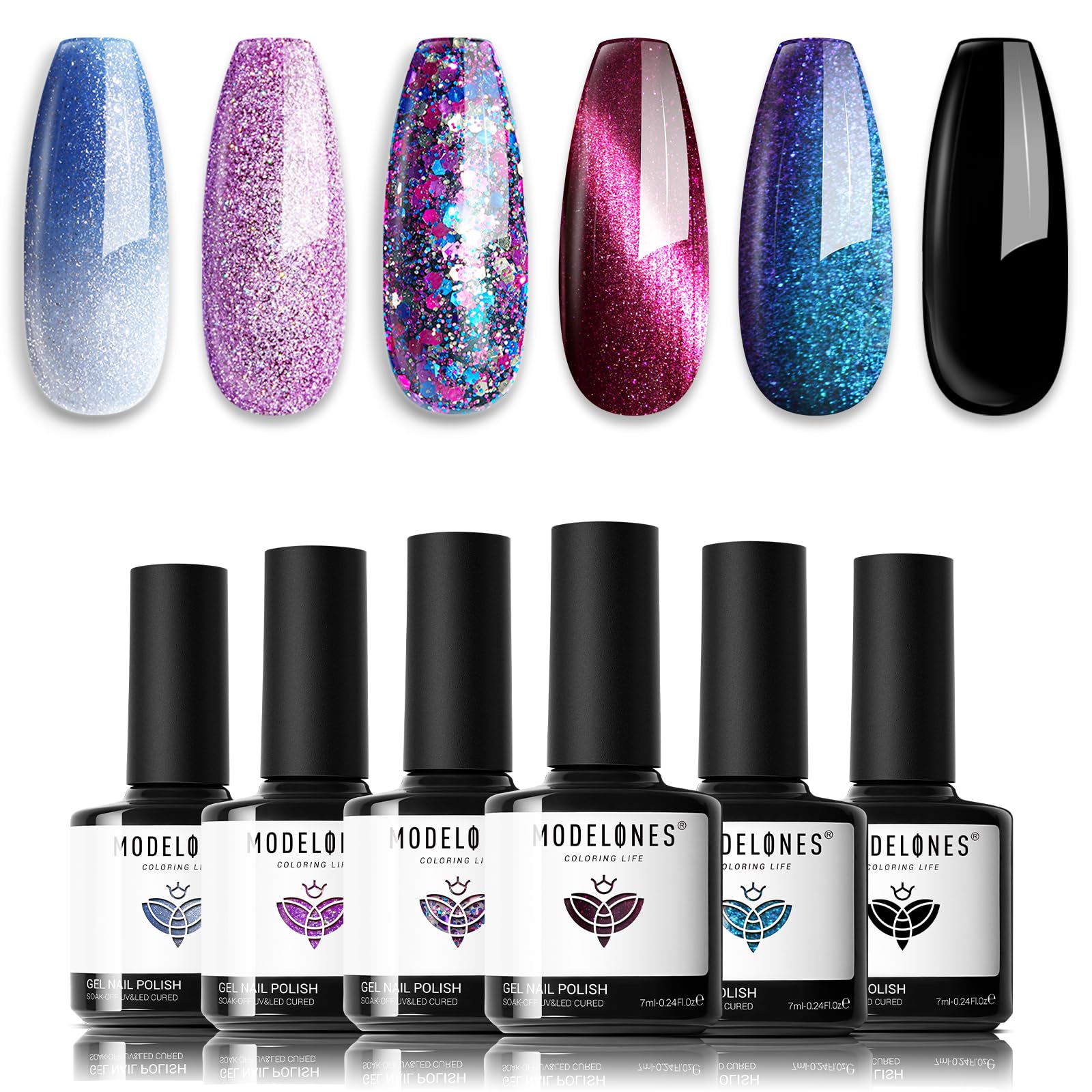 Modelones vernis gel étincelant bleu qui change de couleur pour un style unique.