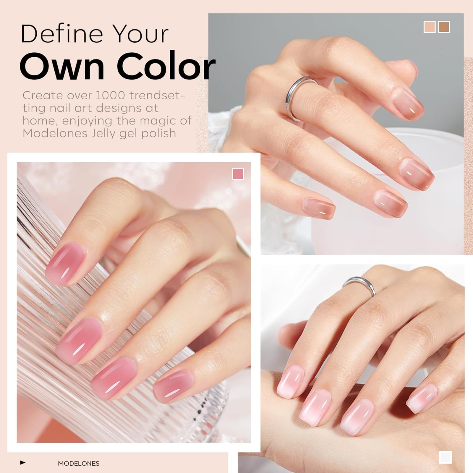 Modelones vernis gel jelly teinte translucide rose nude sur ongles, finition ultra brillante.