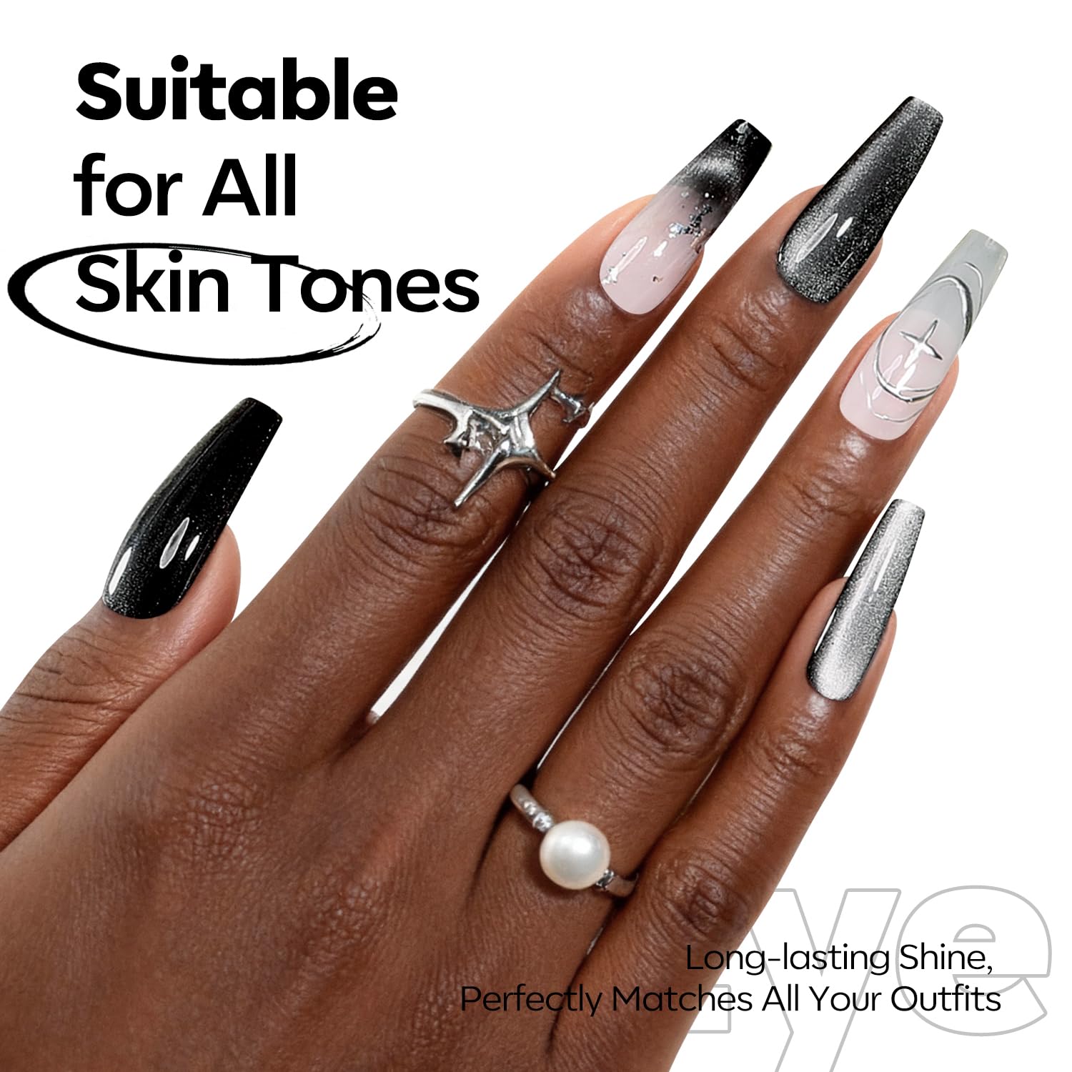 Vernis gel noir œil-de-chat monté sous différents angles lumineux