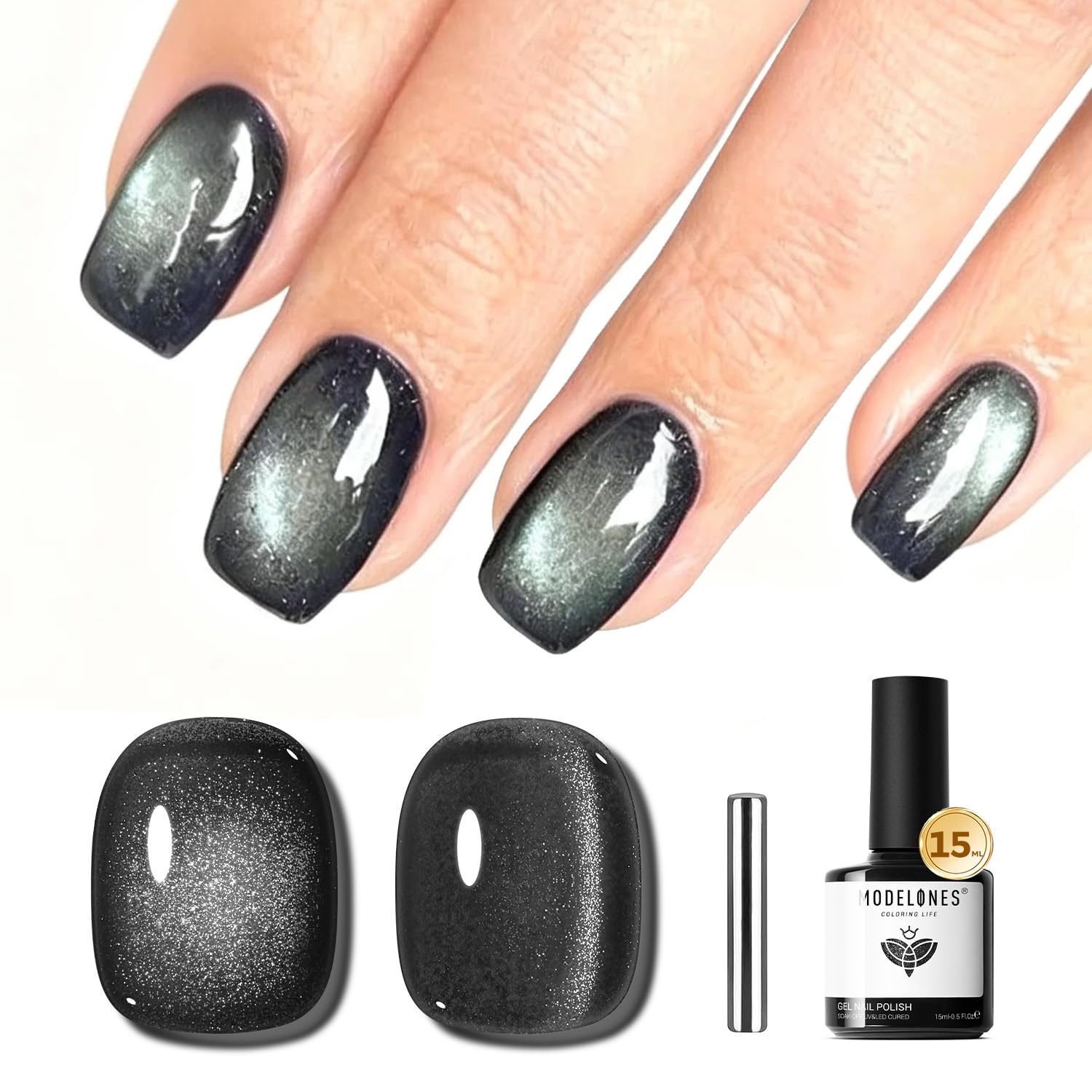 Vernis gel noir Modelones œil-de-chat avec paillettes holographiques pour un effet magnétique