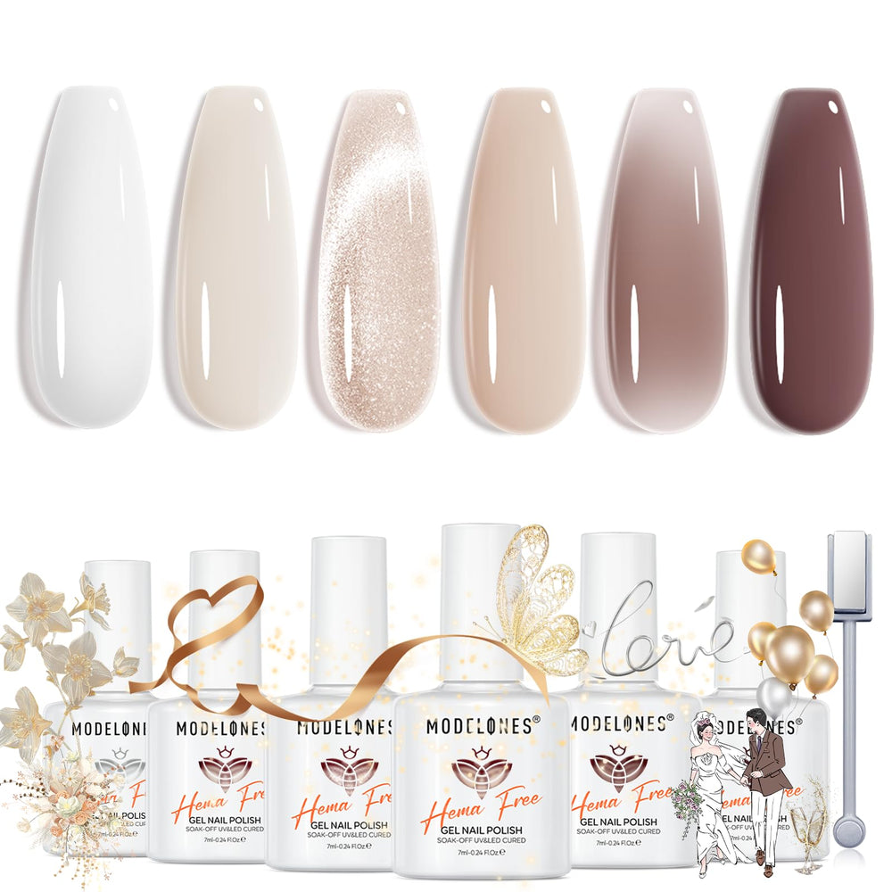 Vernis gel nude blanc Modelones – ensemble prêt pour une manucure naturelle.