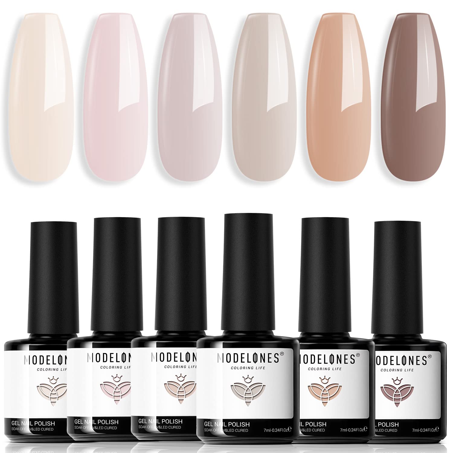 Modelones Nude Gel Vernis: aperçu du kit 6 couleurs pour une manucure durable à domicile.