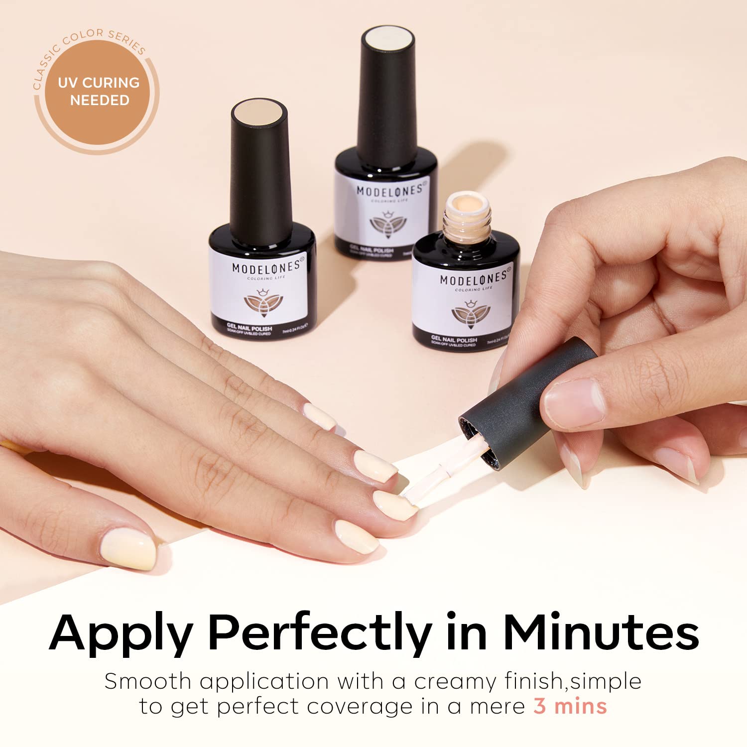 Modelones vernis gel nude blanc – finition lisse et pose facilitée sous lampe LED.