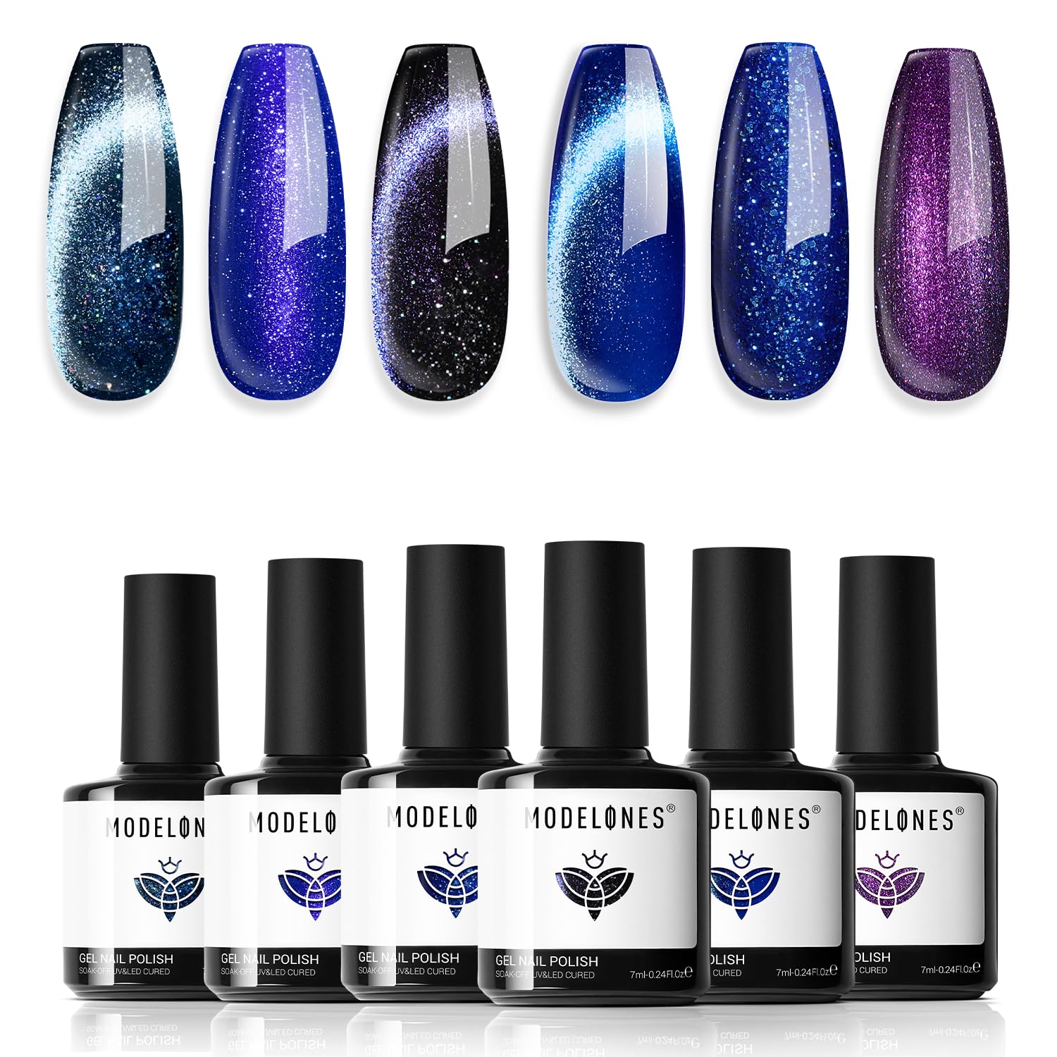 Modelones vernis gel œil-de-chat noir, finition brillante et durable.