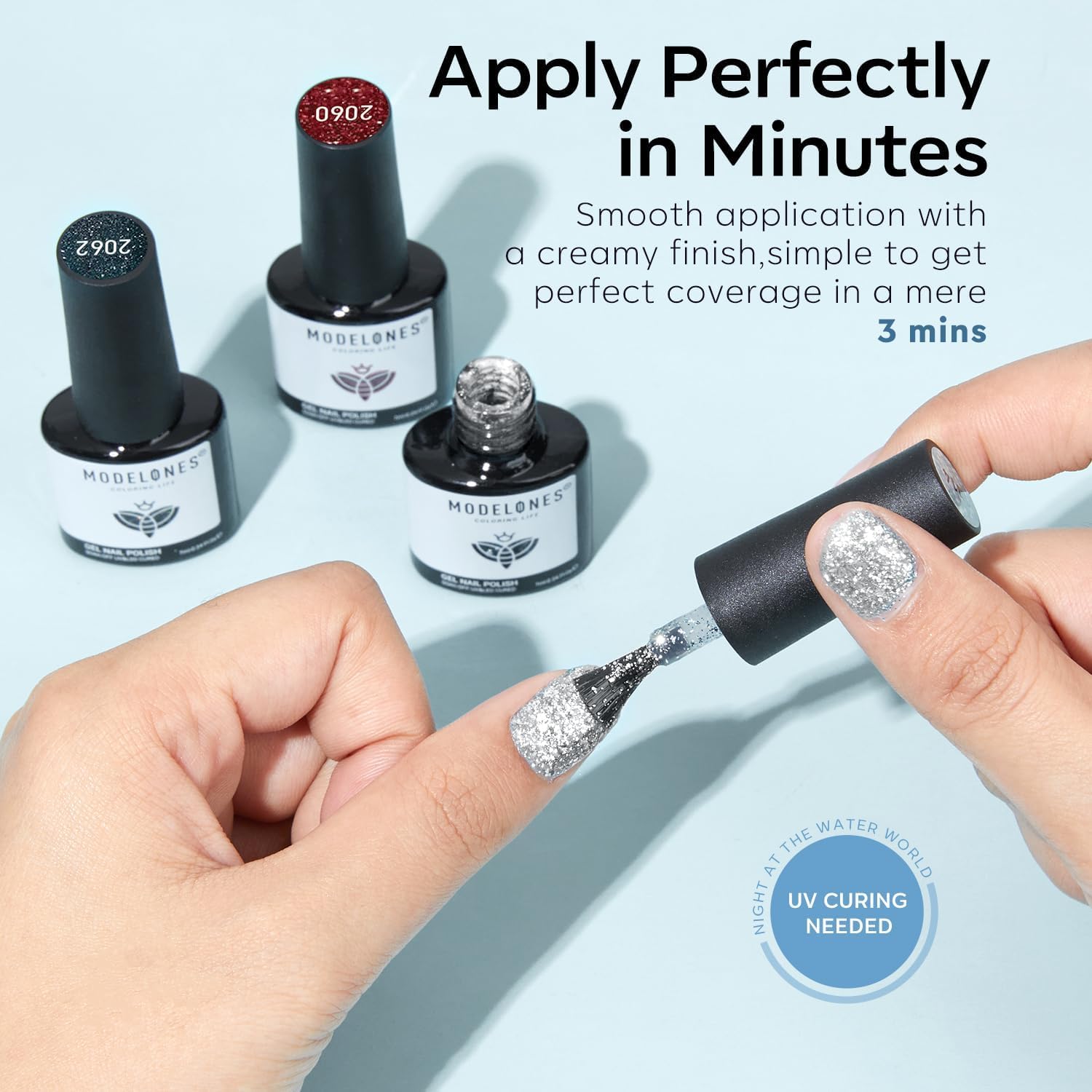 Modelones vernis gel pailleté en bouteille brillante pour manucure rapide.