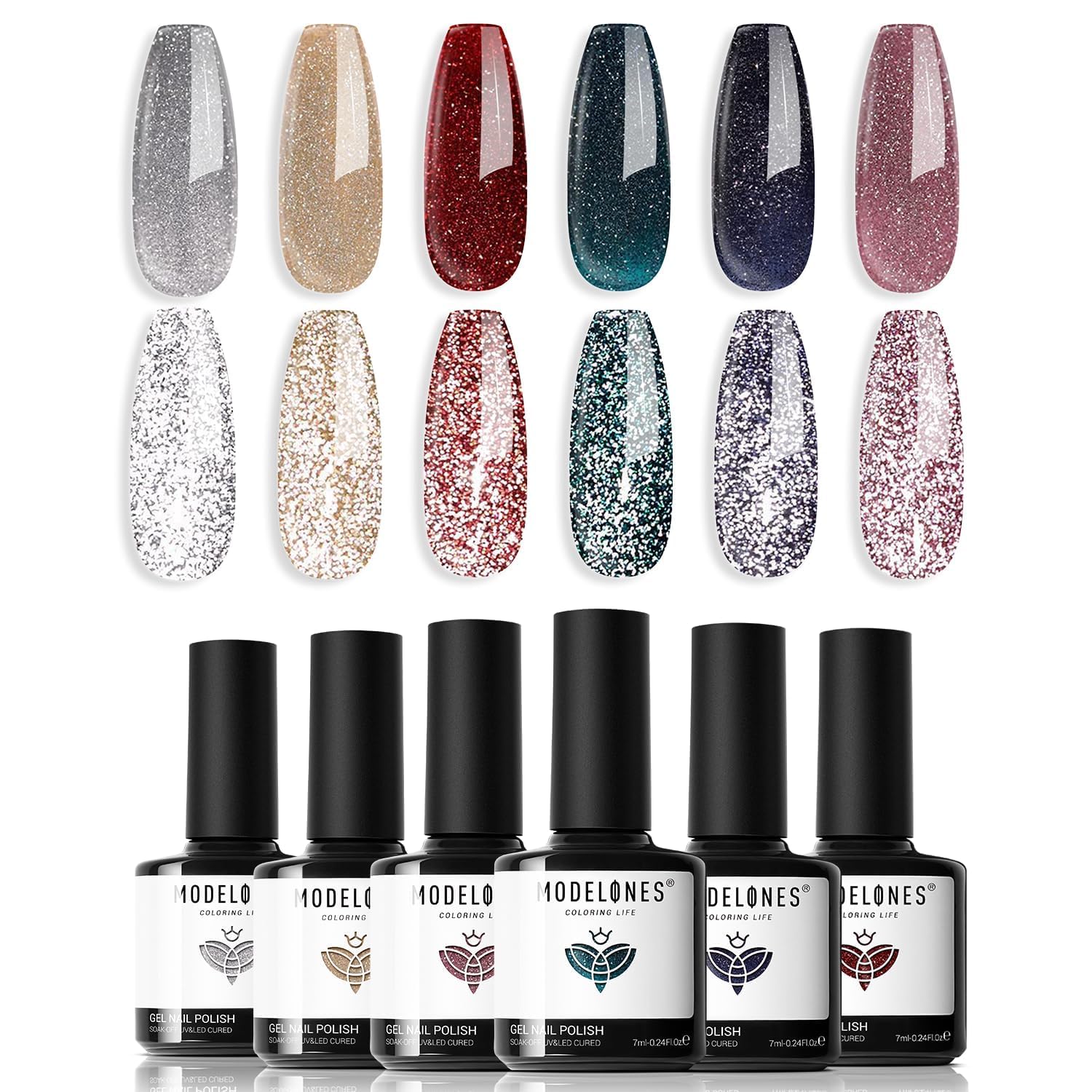 Modelones vernis gel pailleté rose pour une manucure lumineuse et festive.