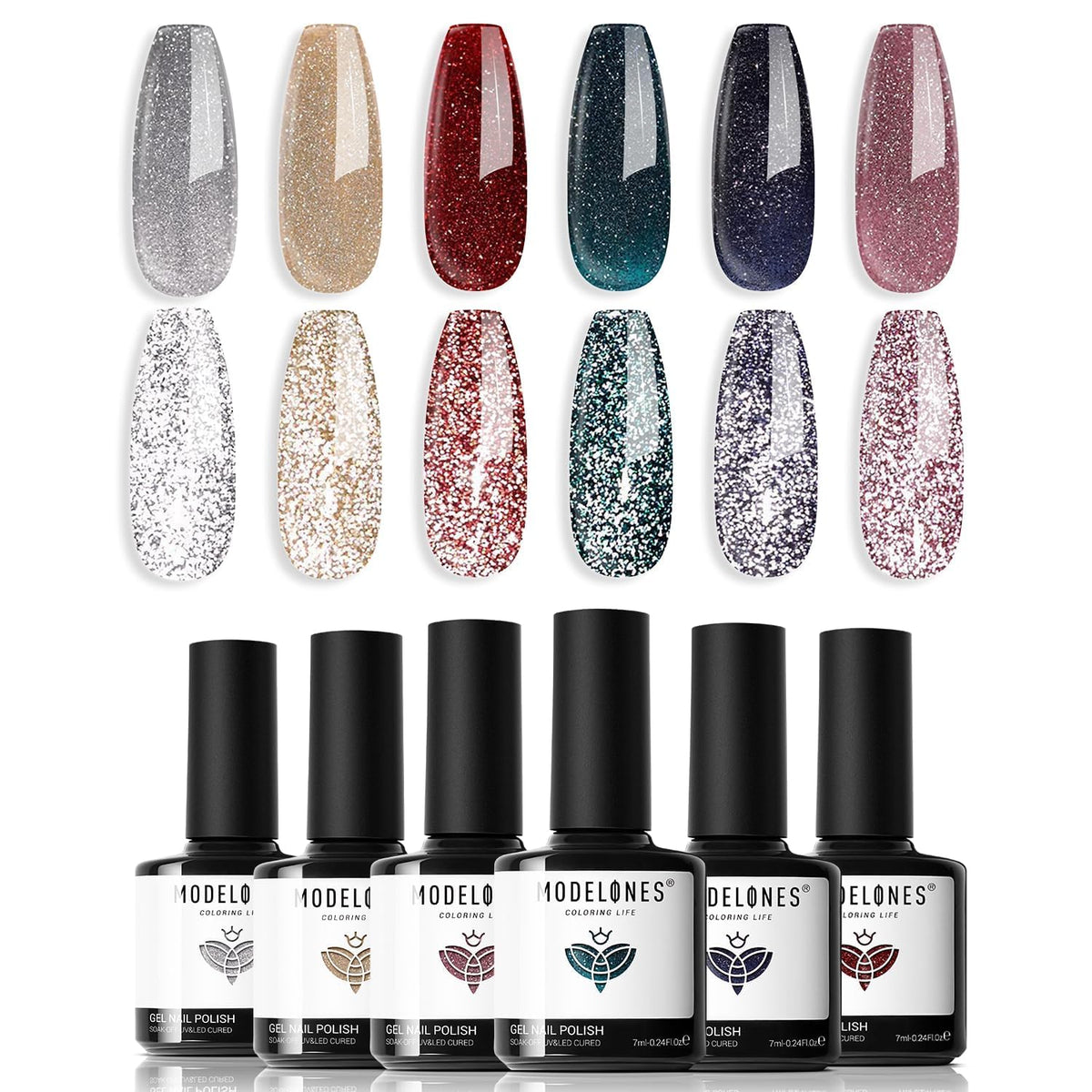 Modelones vernis gel pailleté rose pour une manucure lumineuse et festive.