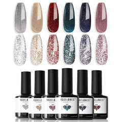 Modelones vernis gel pailleté rose pour une manucure lumineuse et festive.