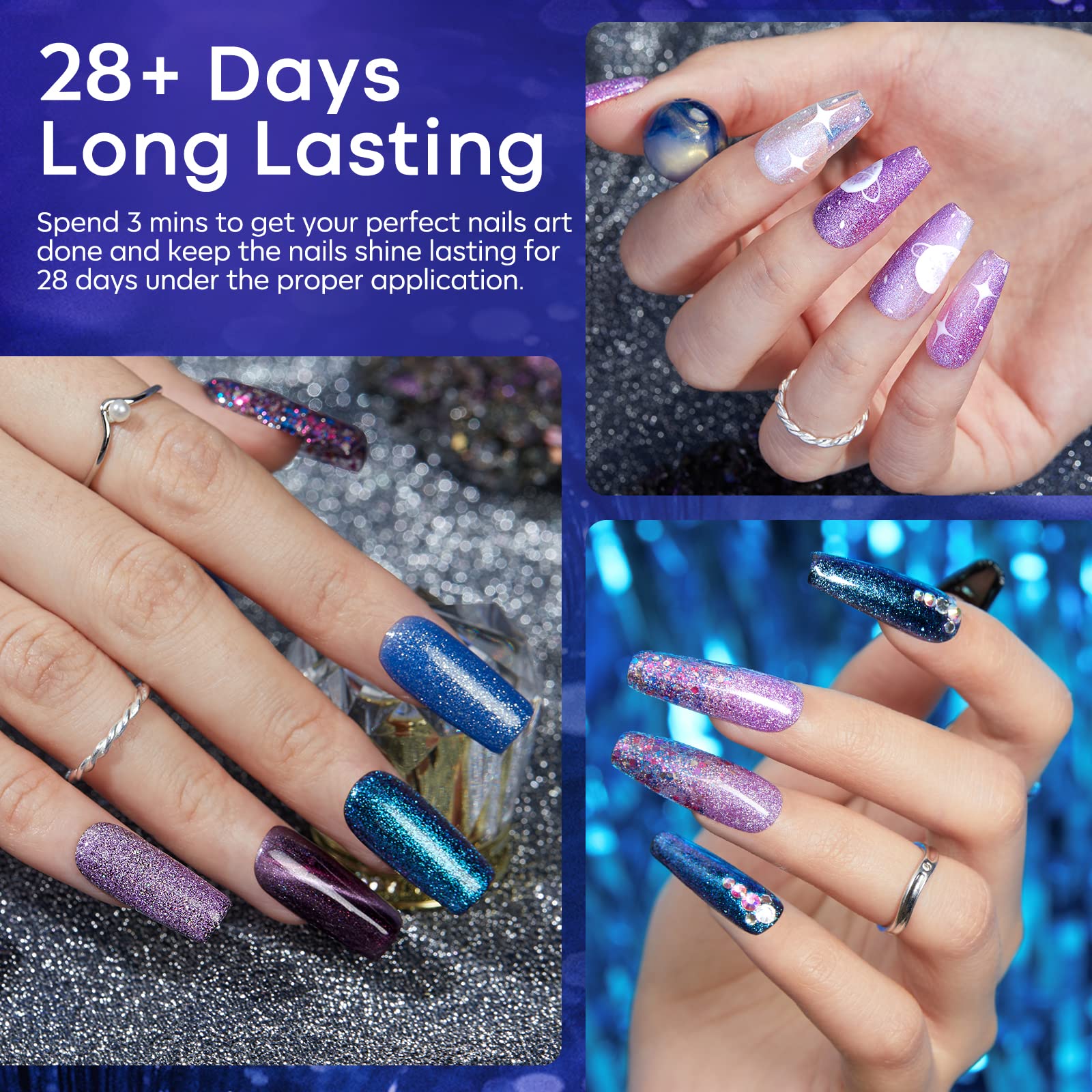 Modelones vernis gel pailleté arc‑en‑ciel offrant brillance et texture riches.