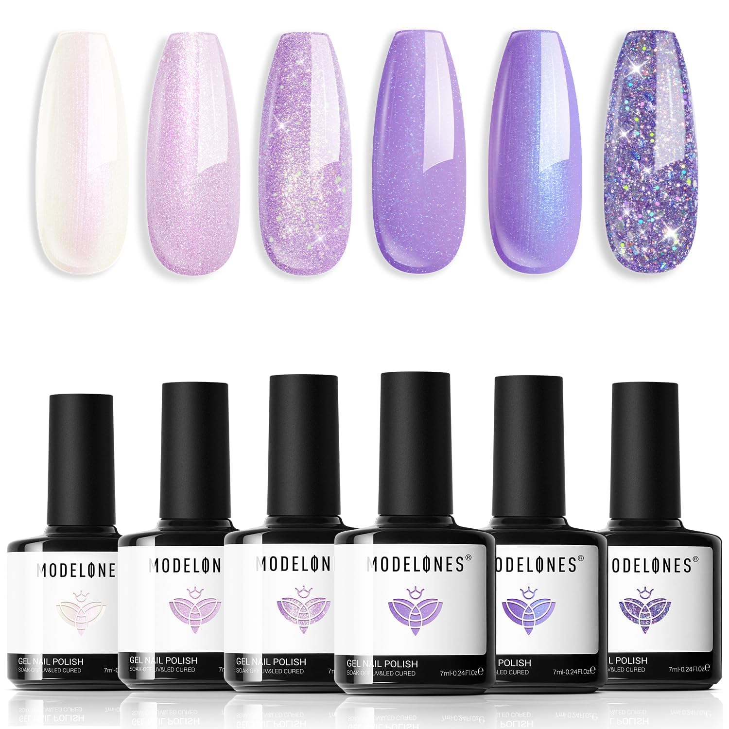 Modelones vernis gel paillettes violet ensemble pour un look glamour et longue tenue.
