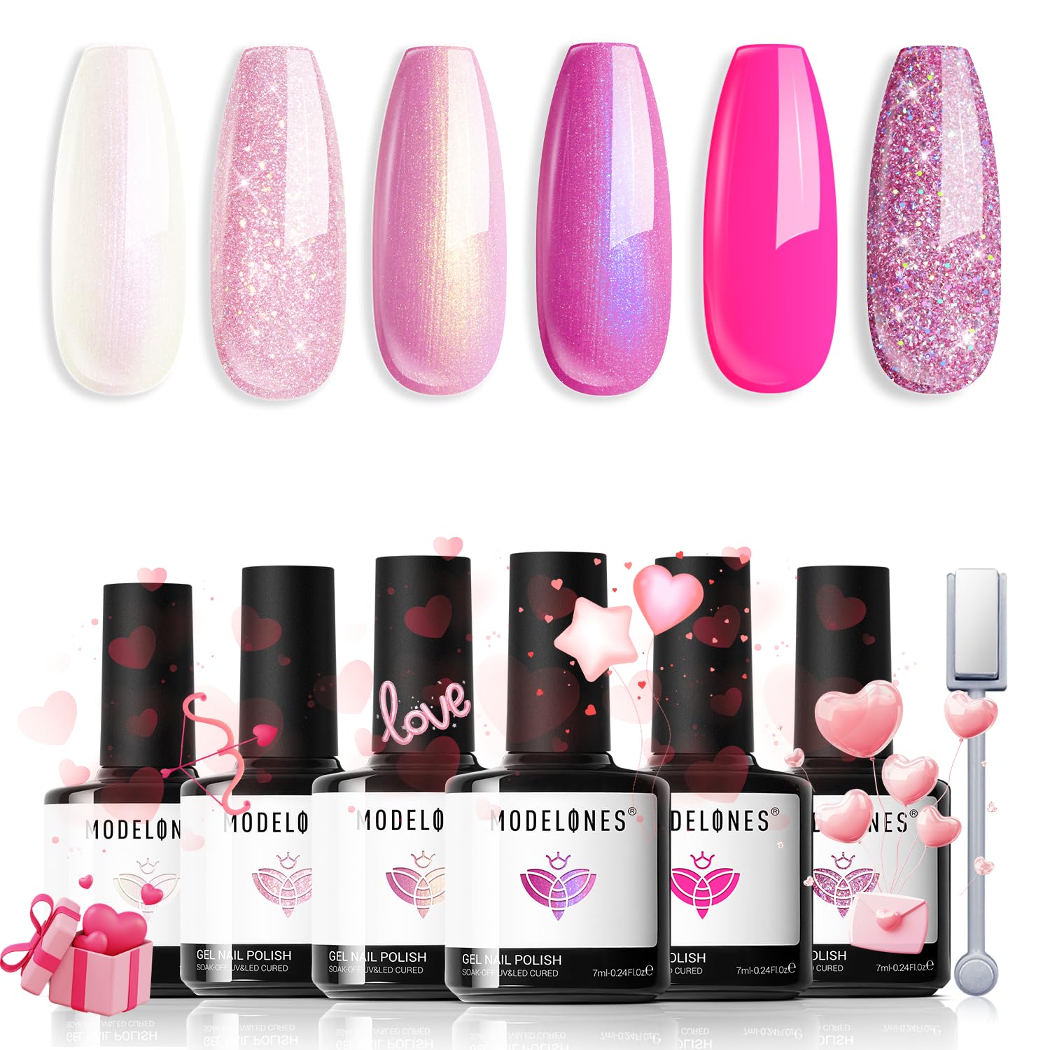 Modelones vernis gel paillettes rose, 6 teintes, brillance durable idéale pour fêtes