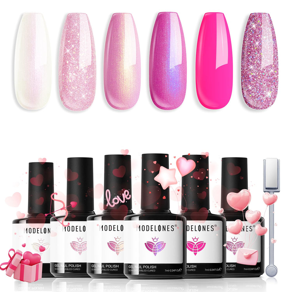 Modelones vernis gel paillettes rose, 6 teintes, brillance durable idéale pour fêtes
