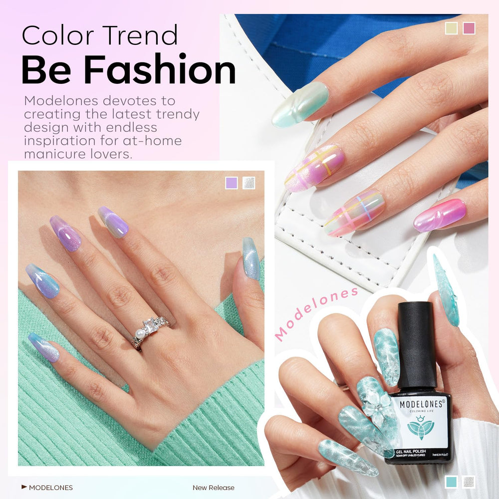 Modelones vernis gel pastel translucide pour des ongles doux et lumineux.